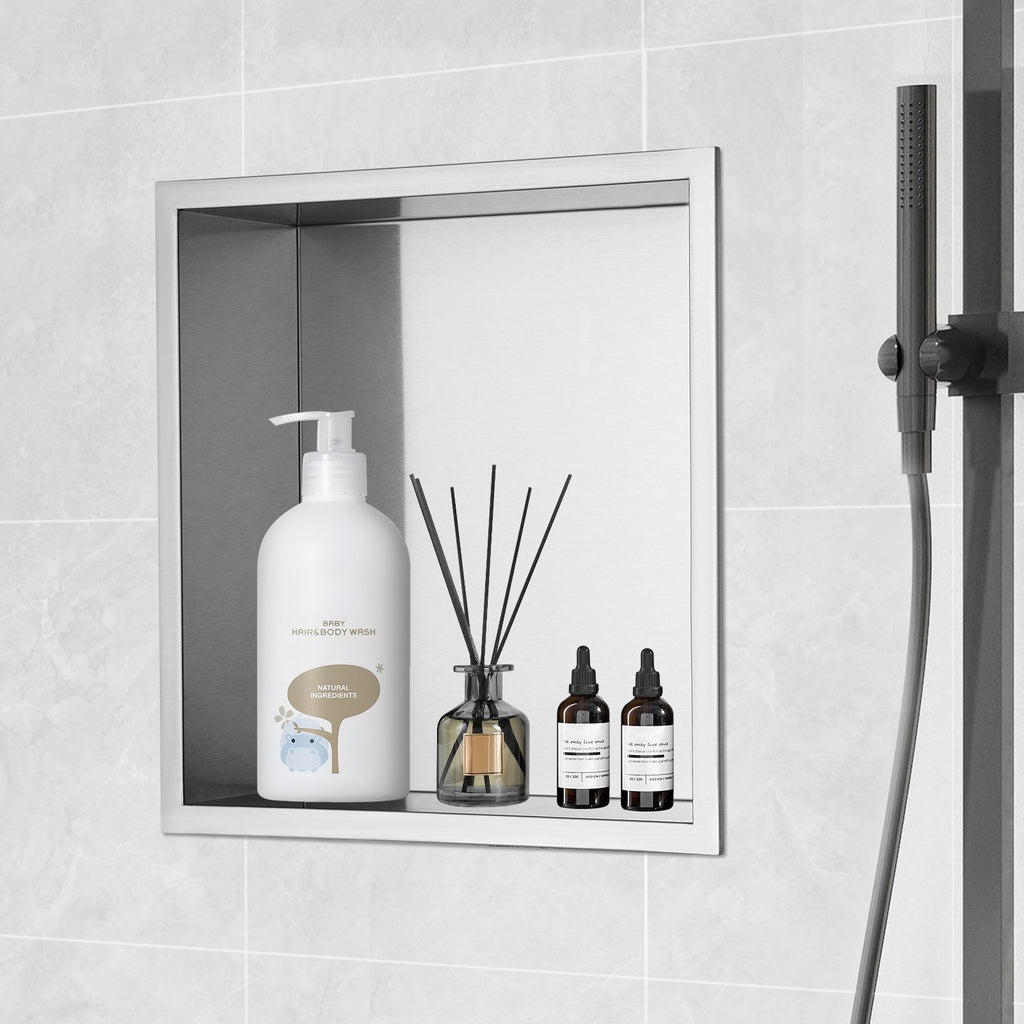 33.02 x 33.02 cm No Tile Shower Niche 304 Stainless Steel, Wall-Inserted Niche Recessed Double Shelves, Sealed Waterproof Rust-Resistant Modern Niche for Shower Bathroom Soap Storage, Silver