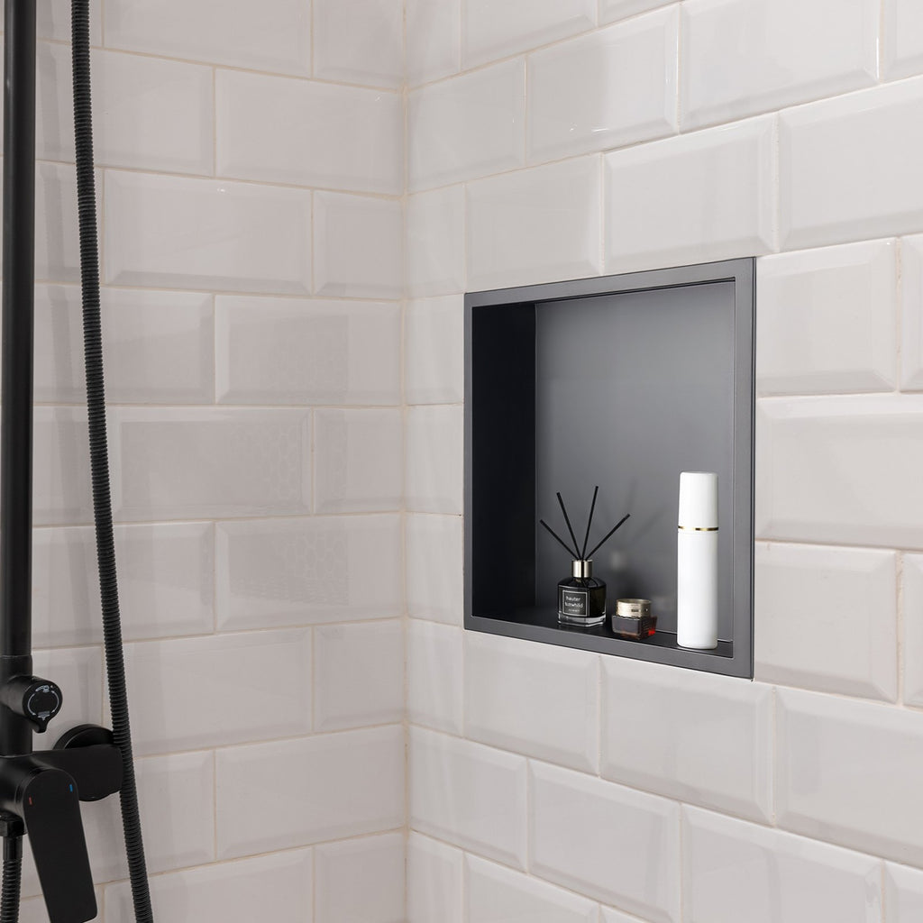 Shower Niche, 33.0 x 33.0 x 10.2 cm Recessed Wall Niche, Heavy-duty Stainless Steel Modern Soap & Shampoo Storage Organizer, Sealed Waterproof, Durable & Easy to Install, Black for Bathroom