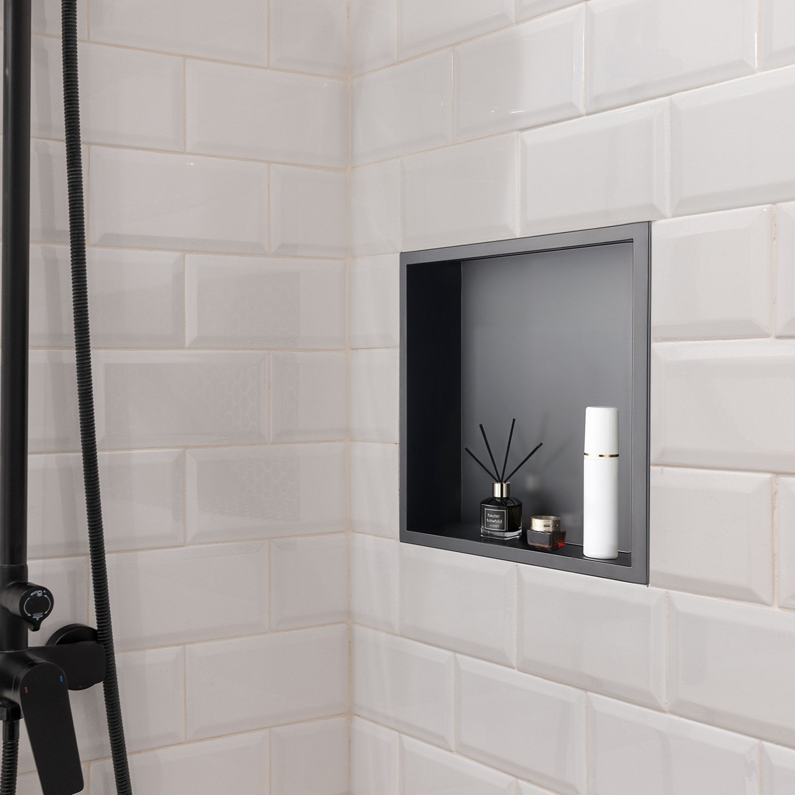 Shower Niche, 33.0 x 33.0 x 10.2 cm Recessed Wall Niche, Heavy-duty Stainless Steel Modern Soap & Shampoo Storage Organizer, Sealed Waterproof, Durable & Easy to Install, Black for Bathroom