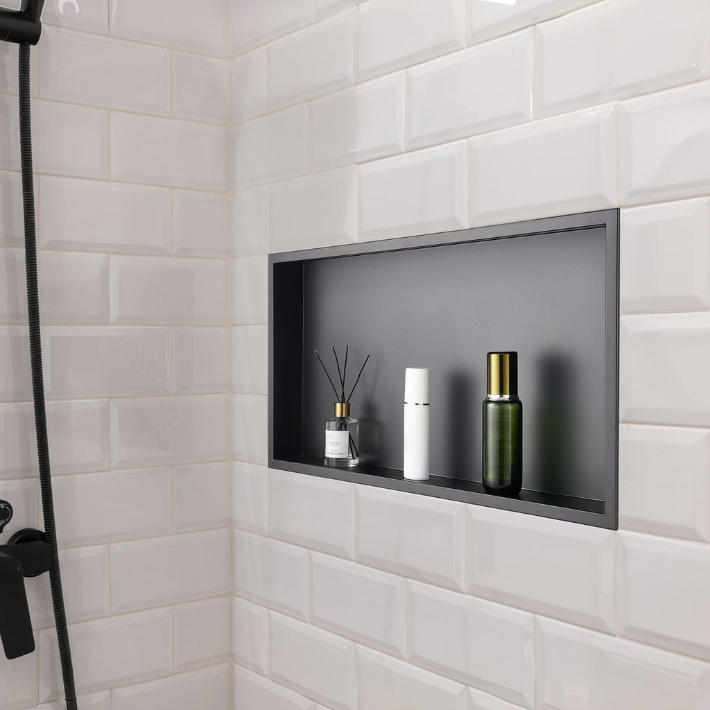 Shower Niche, 33.0 x 63.5 x 10.2 cm Recessed Wall Niche, Heavy-duty Stainless Steel Modern Soap & Shampoo Storage Organizer, Sealed Waterproof, Durable & Easy to Install, Black for Bathroom