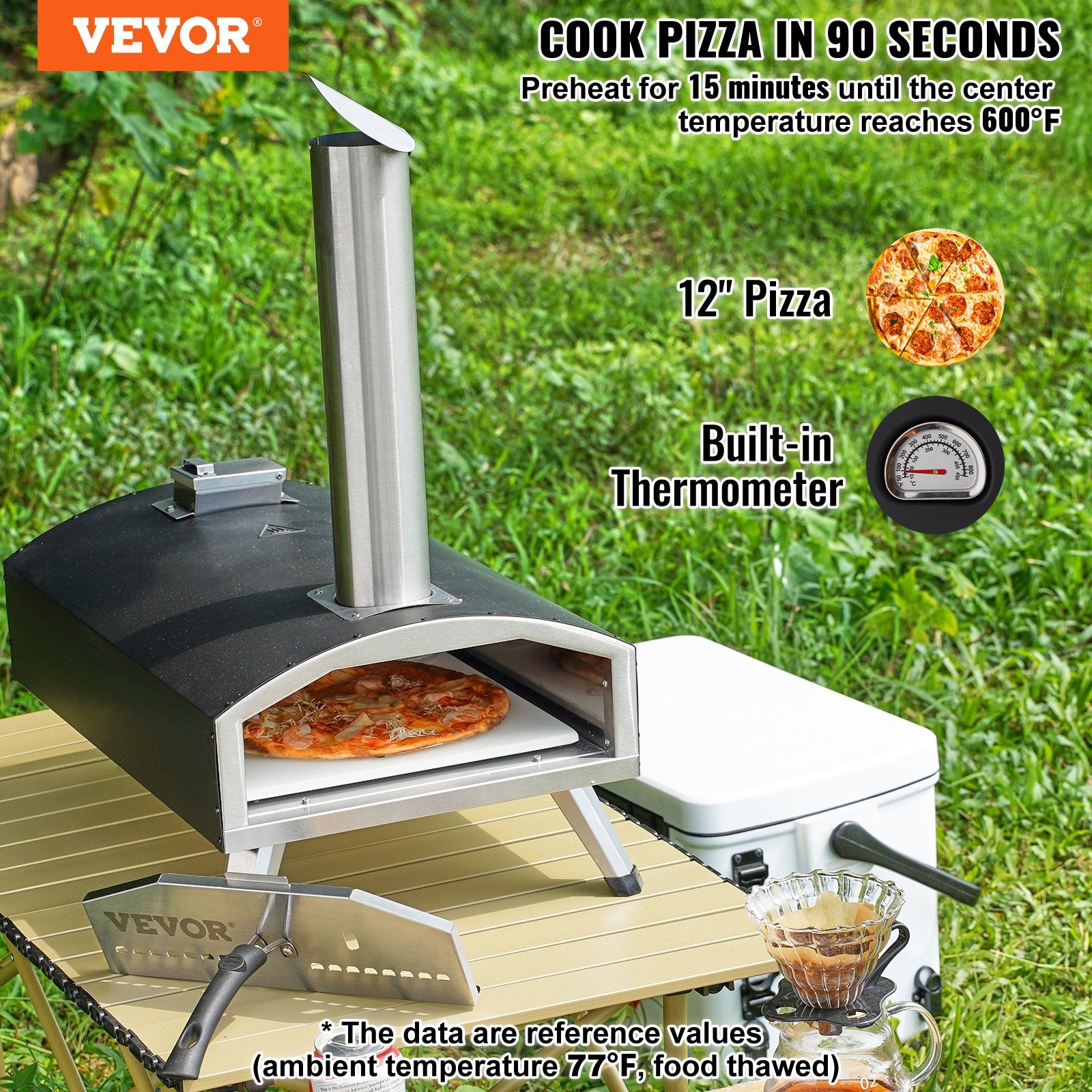 Outdoor Pizza Oven, 12" Wood Fired Pizza Ovens, Pellet Pizza Stove with Thermometer, Portable Pizza Maker for Outside Backyard Patio Camping, Pizza Stone, Carry Bag, Shovel, Black