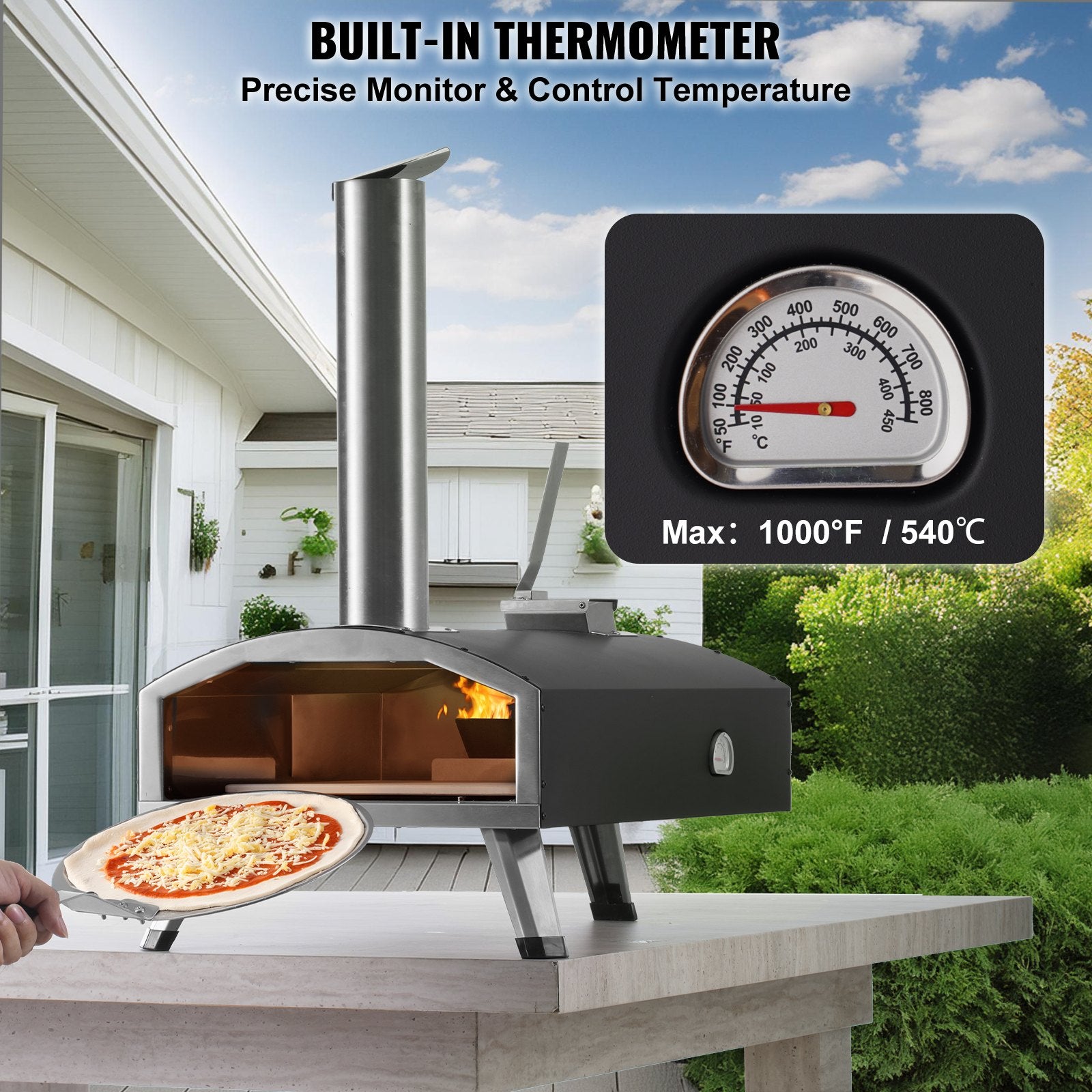 Outdoor Pizza Oven, 12" Wood Fired Pizza Ovens, Pellet Pizza Stove with Thermometer, Portable Pizza Maker for Outside Backyard Patio Camping, Pizza Stone, Carry Bag, Shovel, Black