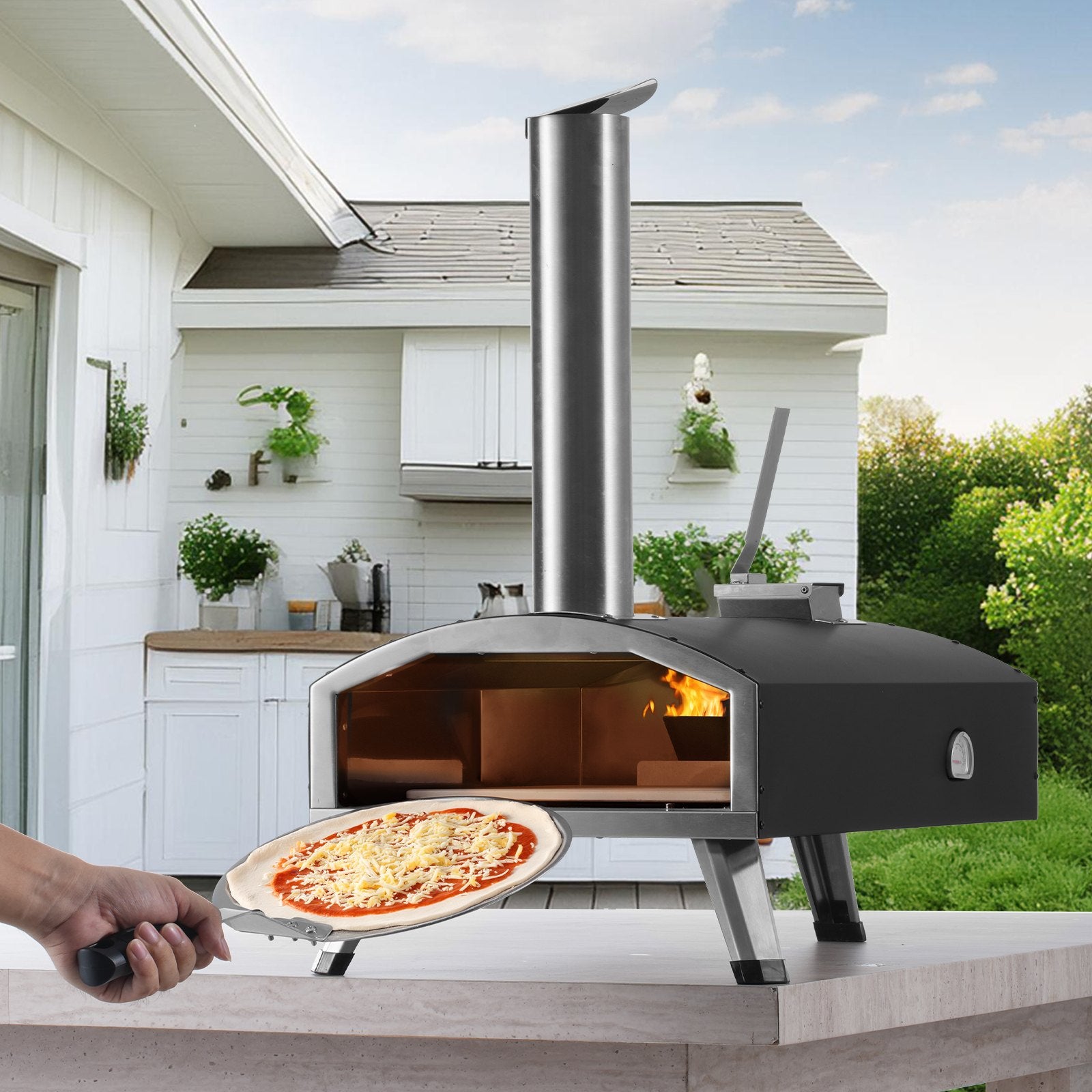 Outdoor Pizza Oven, 12" Wood Fired Pizza Ovens, Pellet Pizza Stove with Thermometer, Portable Pizza Maker for Outside Backyard Patio Camping, Pizza Stone, Carry Bag, Shovel, Black