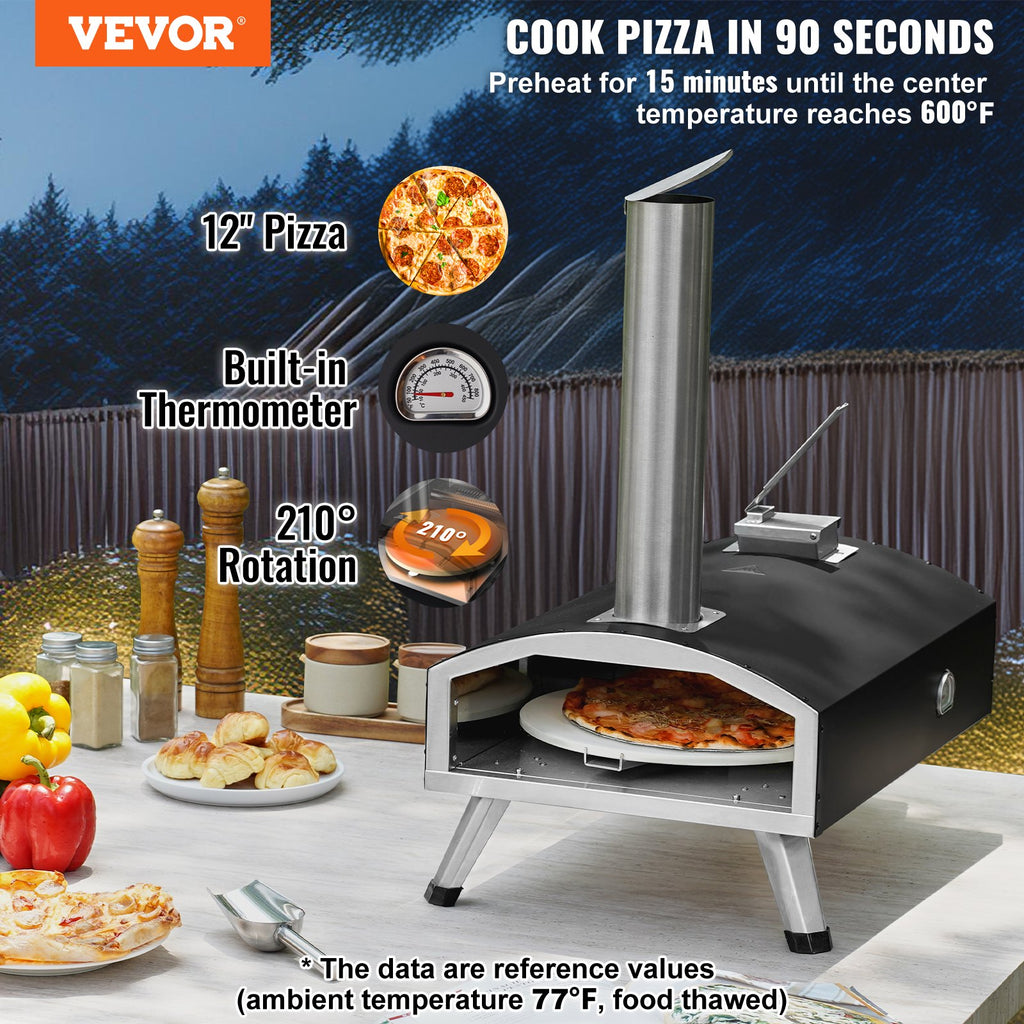 Outdoor Pizza Oven, 12" Wood Fired Pizza Ovens, Pellet Pizza Stove with Built-in Thermometer, with Thickened Cordierite, Rotating Pizza Stone, Carry Bag, Shovel, Portable Pizza Maker for Outside Backyard Patio Camping Black