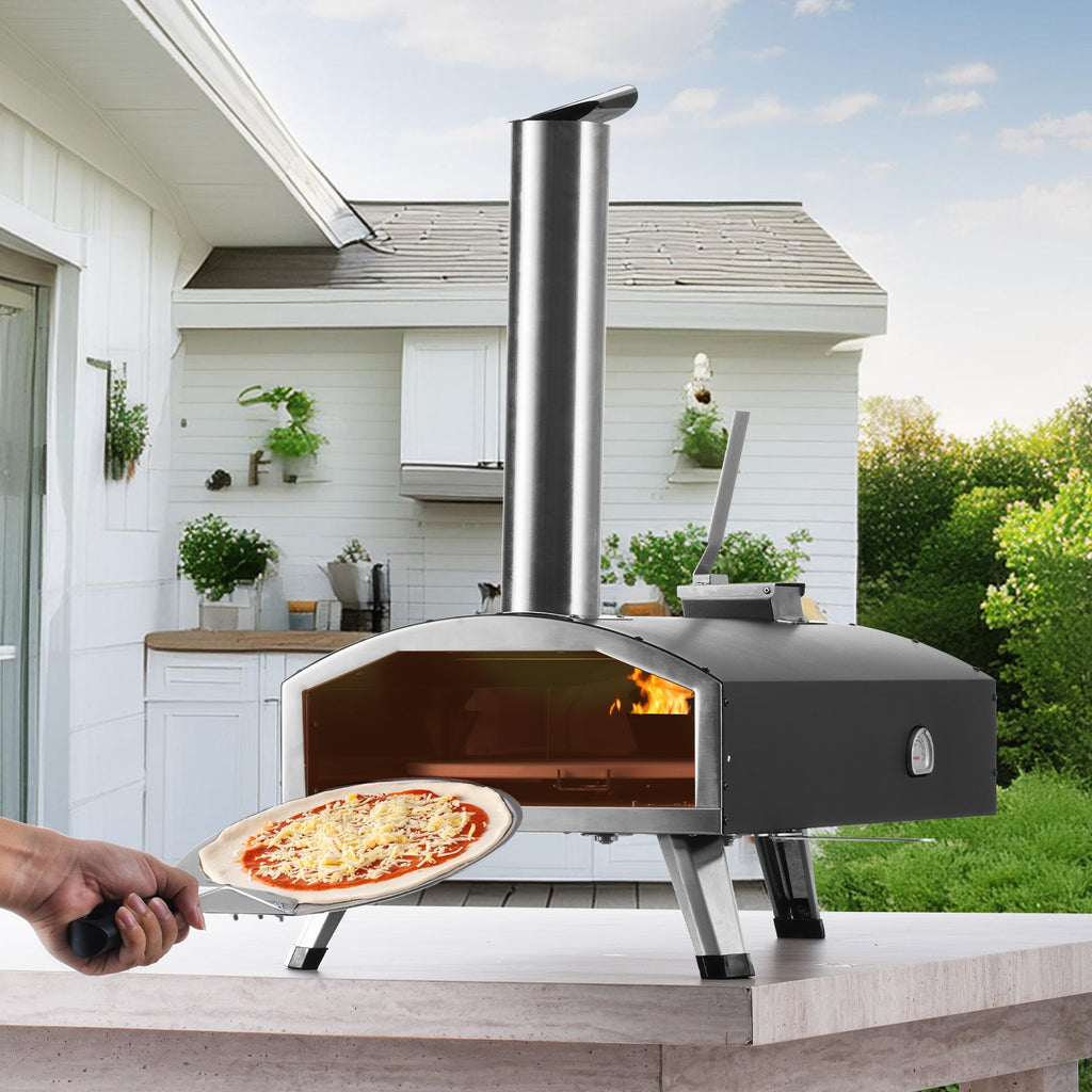 Outdoor Pizza Oven, 12" Wood Fired Pizza Ovens, Pellet Pizza Stove with Built-in Thermometer, with Thickened Cordierite, Rotating Pizza Stone, Carry Bag, Shovel, Portable Pizza Maker for Outside Backyard Patio Camping Black