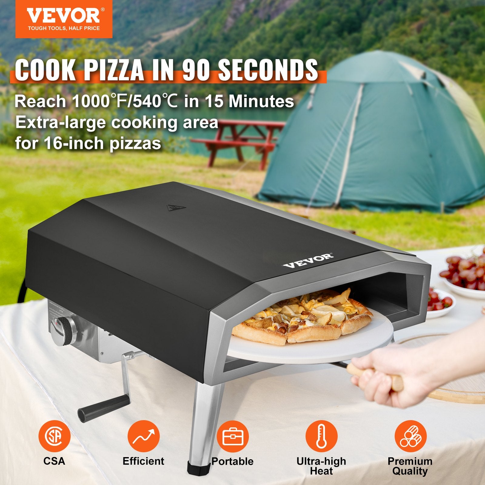 Outdoor Pizza Oven, 406.4 mm, Gas Fired Pizza Maker, Portable Outside Stainless Steel Pizza Grill with 360 Rotatable Pizza Stone, Waterproof Cover, Peel, IR Thermometer, Gas Burner, CSA Listed