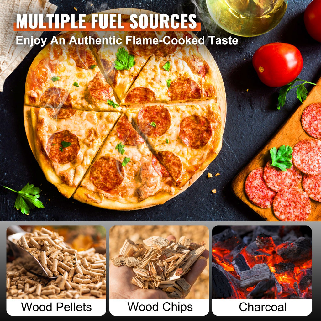 Outdoor Pizza Oven, 12-inch, Wood Pellet and Charcoal Fired Pizza Maker, Portable Outside Stainless Steel Pizza Grill with Pizza Stone, Waterproof Cover, Shovel, Wood Burner for Backyard Camping