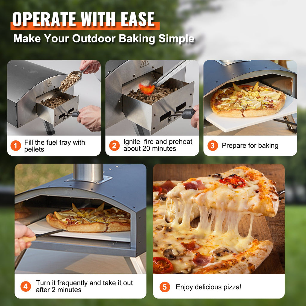 Outdoor Pizza Oven, 12-inch, Wood Pellet and Charcoal Fired Pizza Maker, Portable Outside Stainless Steel Pizza Grill with Pizza Stone, Waterproof Cover, Shovel, Wood Burner for Backyard Camping