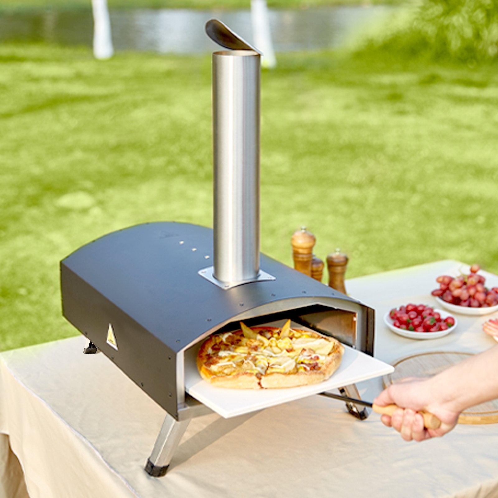 Outdoor Pizza Oven, 12-inch, Wood Pellet and Charcoal Fired Pizza Maker, Portable Outside Stainless Steel Pizza Grill with Pizza Stone, Waterproof Cover, Shovel, Wood Burner for Backyard Camping