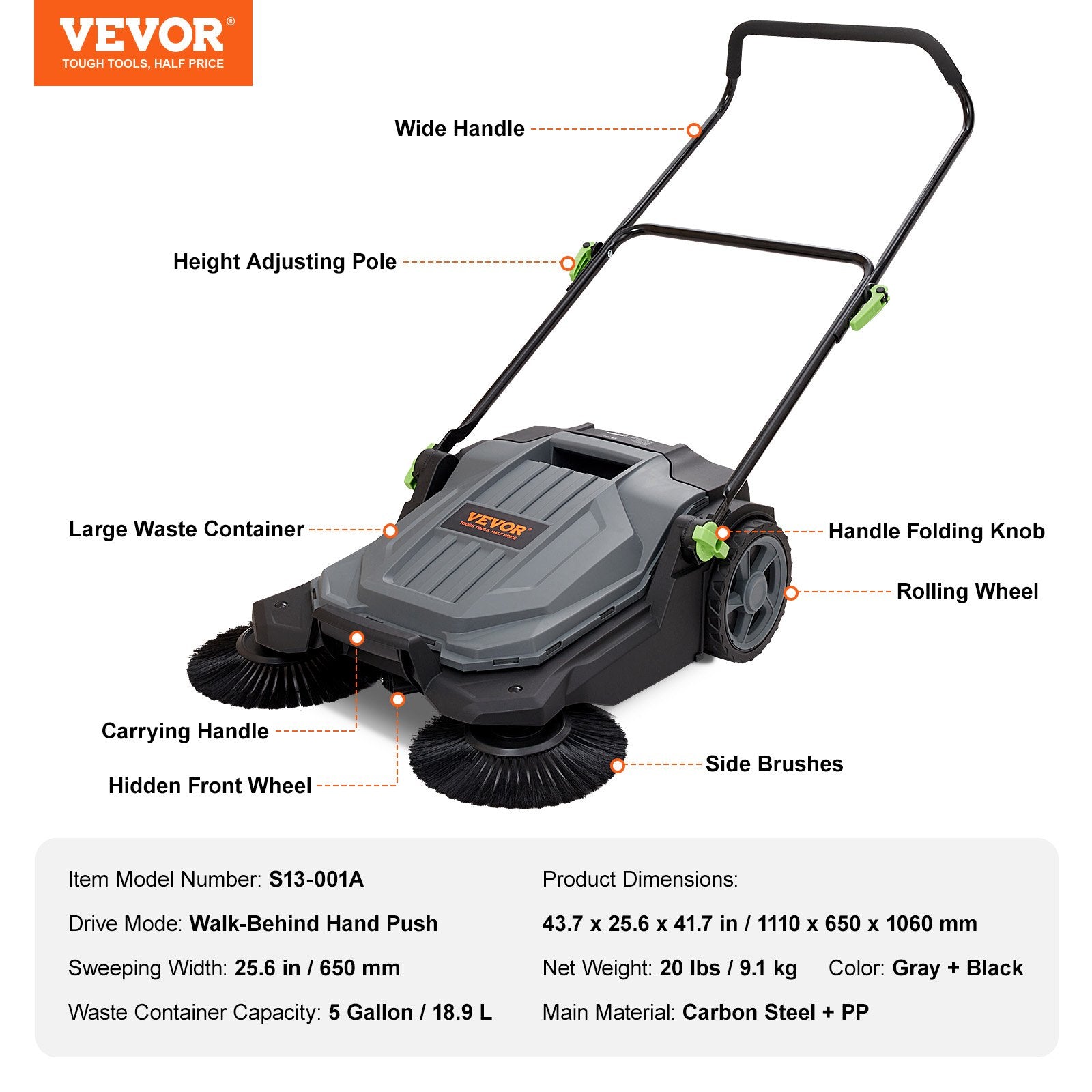 VEVOR 25.6-Inch Walk-Behind Floor Sweeper