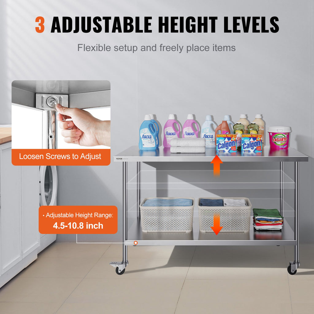 Stainless Steel Work Table 30 x 60 x 38 Inch, with 4 Wheels, 3 Adjustable Height Levels, Heavy Duty Food Prep Worktable for Commercial Kitchen Restaurant, Silver