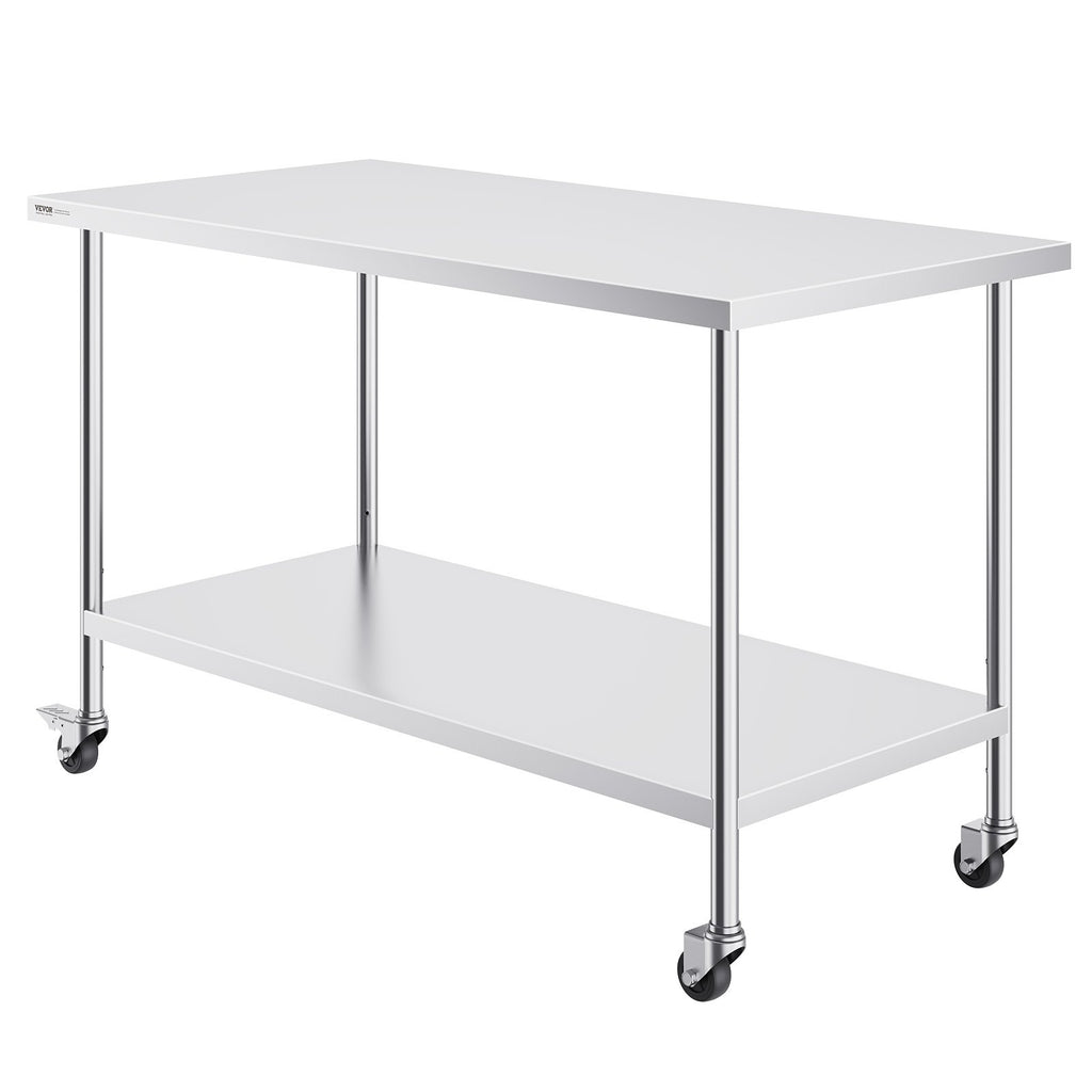 Stainless Steel Work Table 30 x 60 x 38 Inch, with 4 Wheels, 3 Adjustable Height Levels, Heavy Duty Food Prep Worktable for Commercial Kitchen Restaurant, Silver