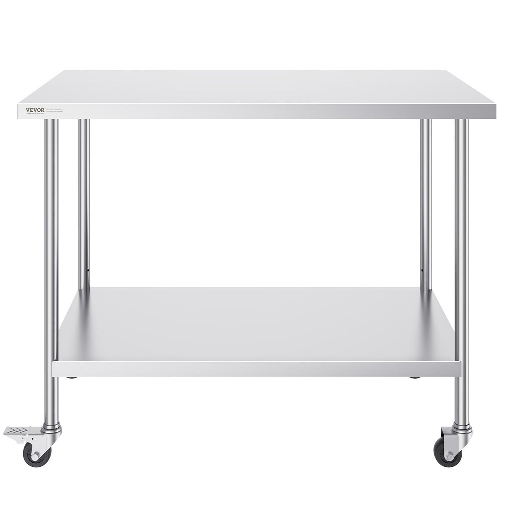 Stainless Steel Work Table 30 x 60 x 38 Inch, with 4 Wheels, 3 Adjustable Height Levels, Heavy Duty Food Prep Worktable for Commercial Kitchen Restaurant, Silver