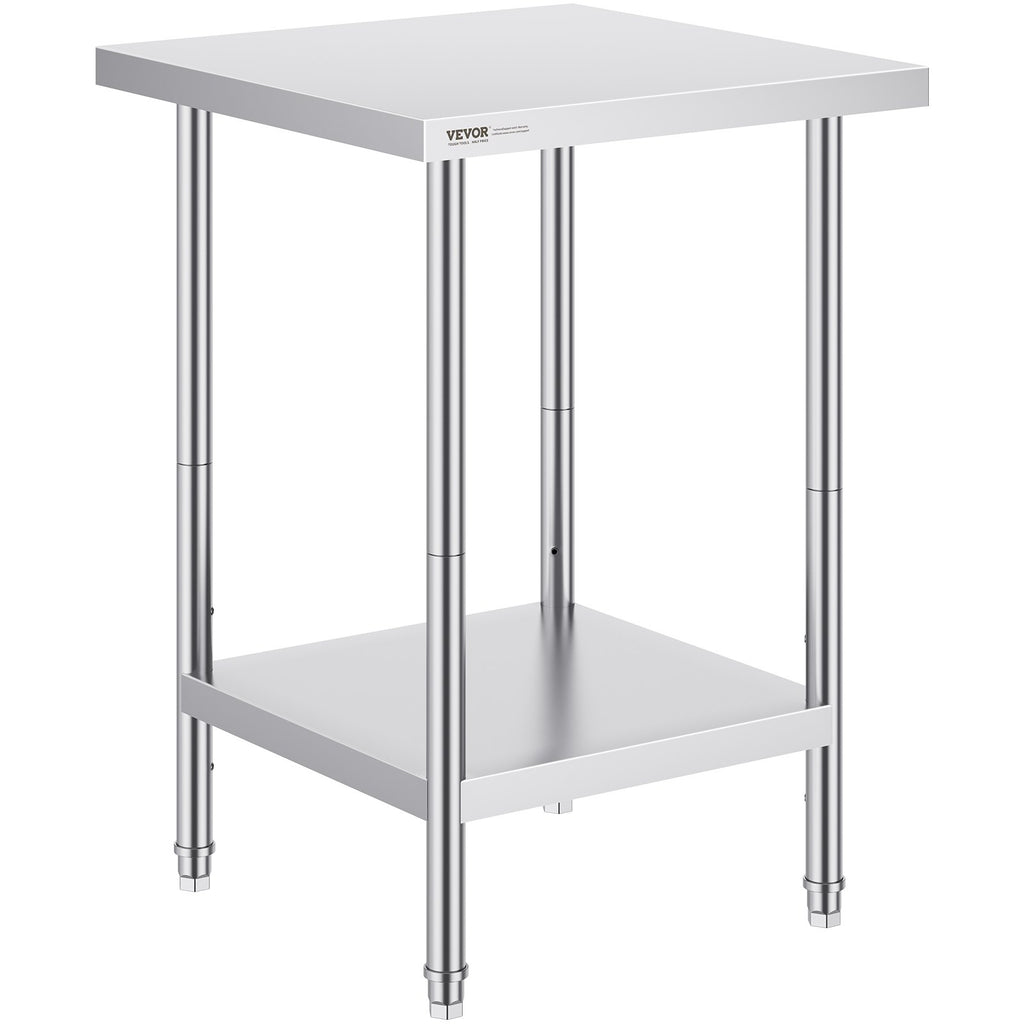 Stainless Steel Prep Table, 24 x 24 x 34 Inch, Heavy Duty Metal Worktable with 3 Adjustable Height Levels, Commercial Workstation for Kitchen Garage Restaurant Backyard