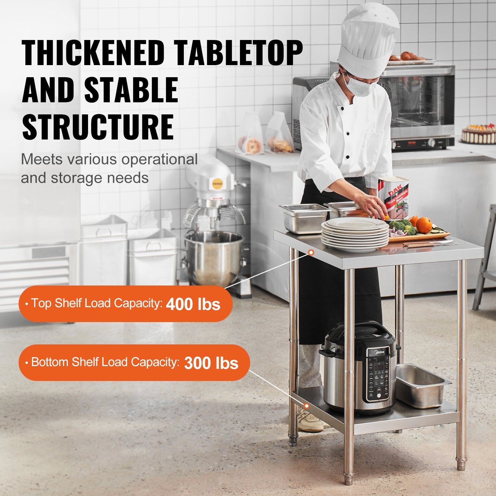 Stainless Steel Prep Table, 24 x 24 x 34 Inch, Heavy Duty Metal Worktable with 3 Adjustable Height Levels, Commercial Workstation for Kitchen Garage Restaurant Backyard
