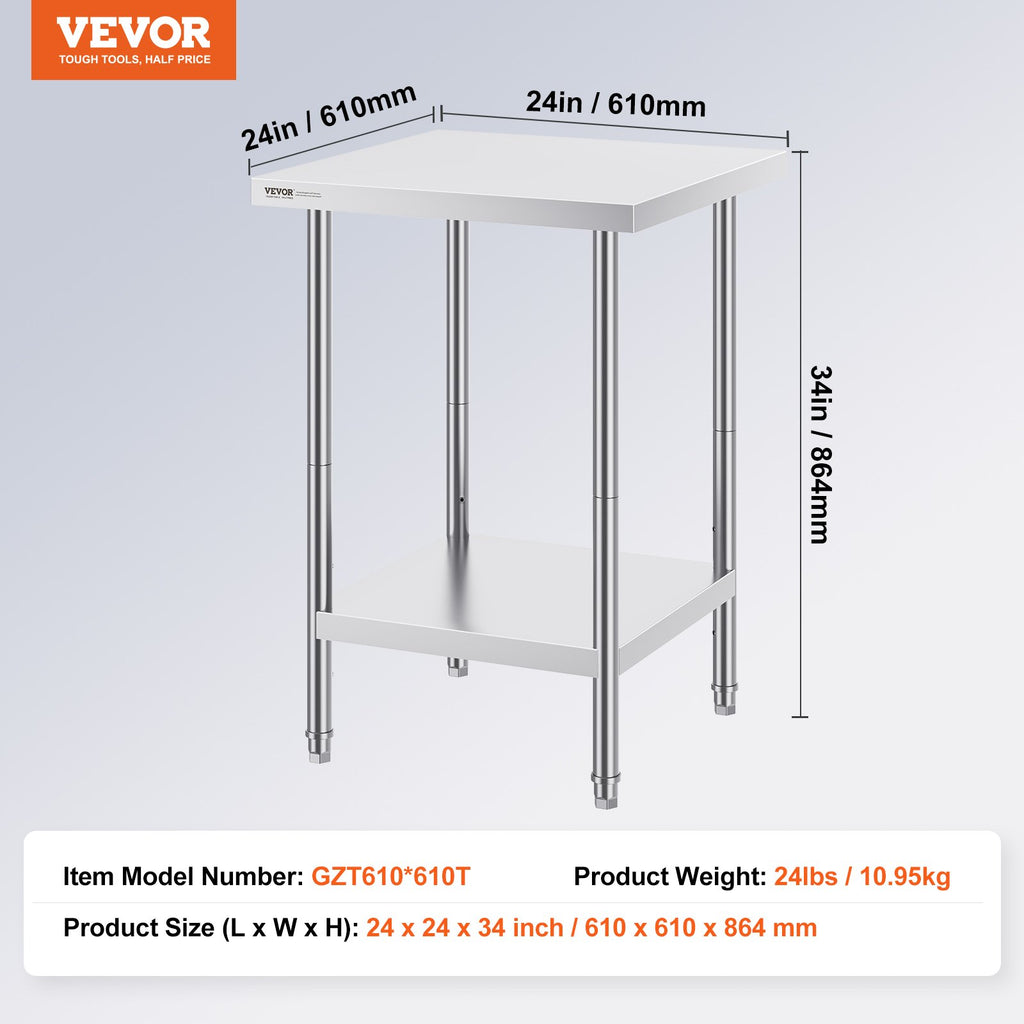 Stainless Steel Prep Table, 24 x 24 x 34 Inch, Heavy Duty Metal Worktable with 3 Adjustable Height Levels, Commercial Workstation for Kitchen Garage Restaurant Backyard