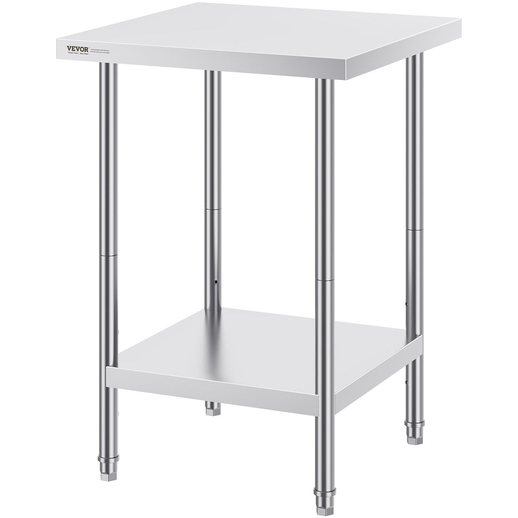 Stainless Steel Prep Table, 24 x 24 x 34 Inch, Heavy Duty Metal Worktable with 3 Adjustable Height Levels, Commercial Workstation for Kitchen Garage Restaurant Backyard