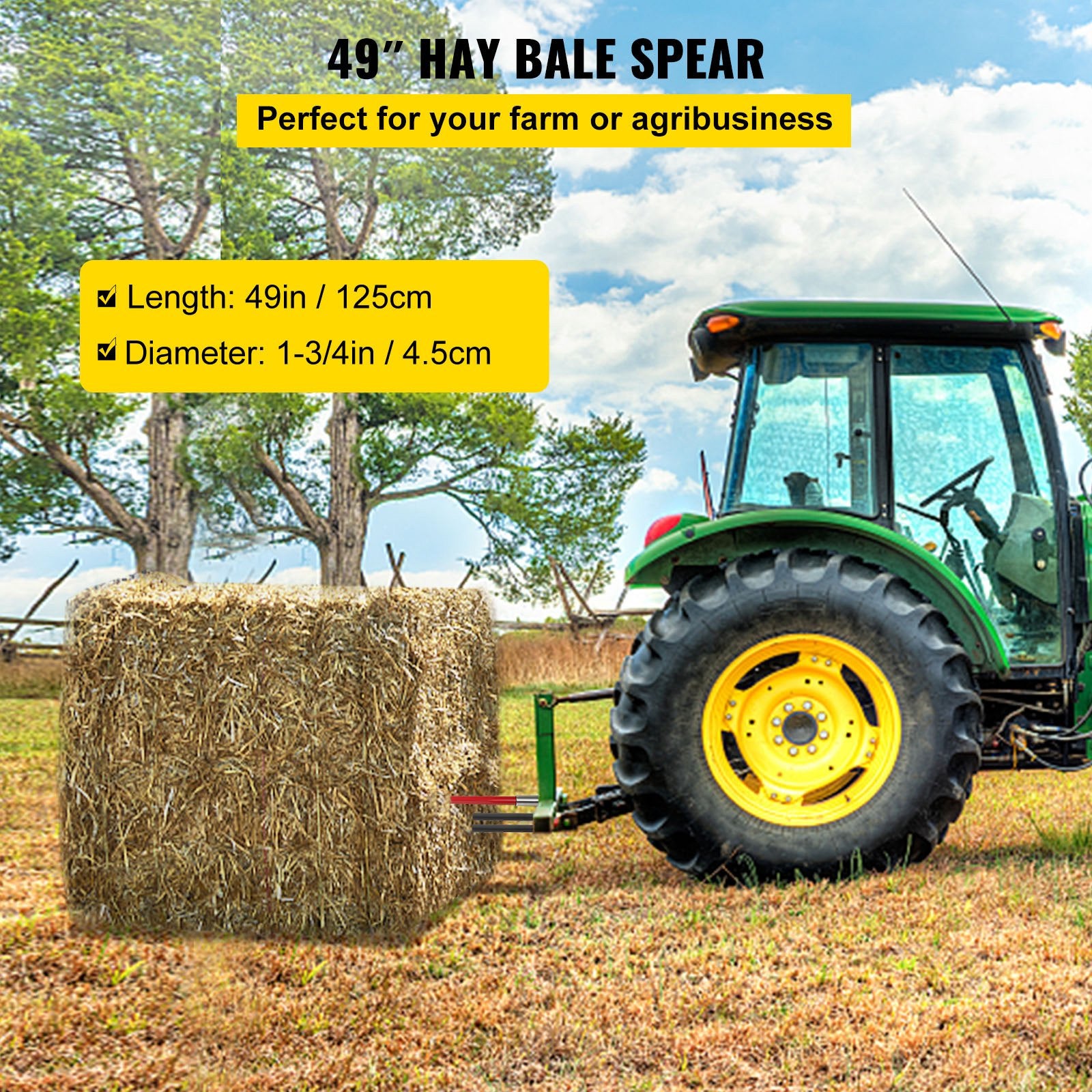 Hay Spear 49" Bale Spear 3000 lbs Capacity, Bale Spike Quick Attach Square Hay Bale Spears, Red Coated Bale Forks, Bale Hay Spike with 2 Stabilizer Spears