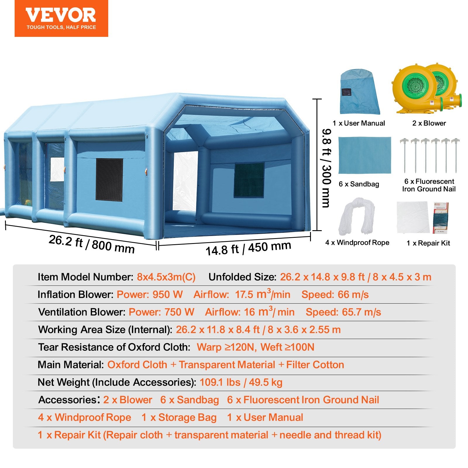 Inflatable Paint Booth 26.2x14.8x9.8ft Inflatable Spray Booth 950W+750W