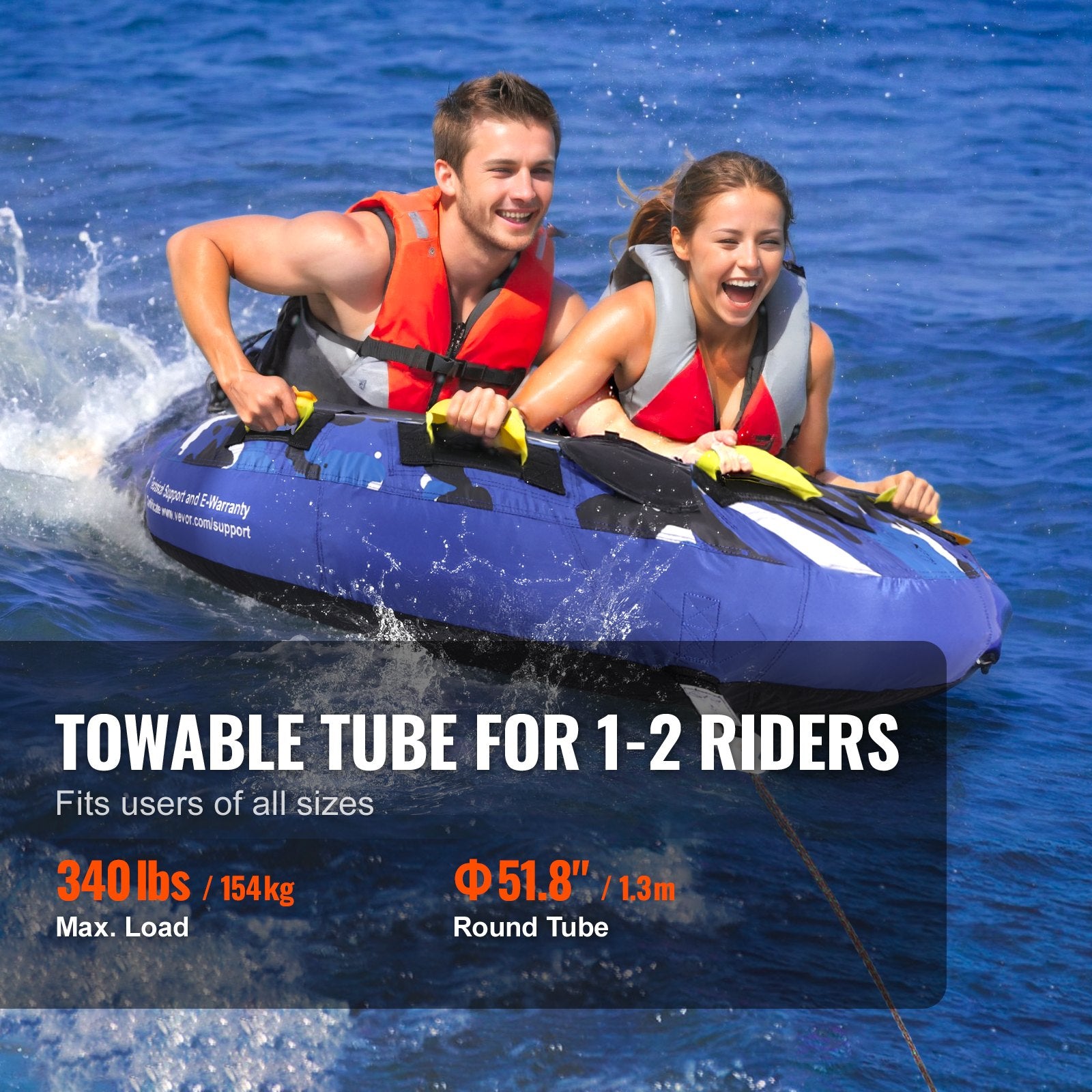 Towable Tube for Boating, 1-2 Riders Inflatable Boat Tubes and Towables, 340 lbs, 51.8" Round Water Sport Towable Tube for Boat to Pull, Full Nylon Cover, EVA Grab Handles and Speed Safety Valve