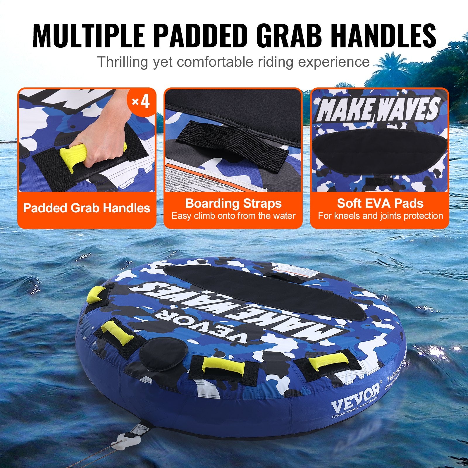Towable Tube for Boating, 1-2 Riders Inflatable Boat Tubes and Towables, 340 lbs, 51.8" Round Water Sport Towable Tube for Boat to Pull, Full Nylon Cover, EVA Grab Handles and Speed Safety Valve