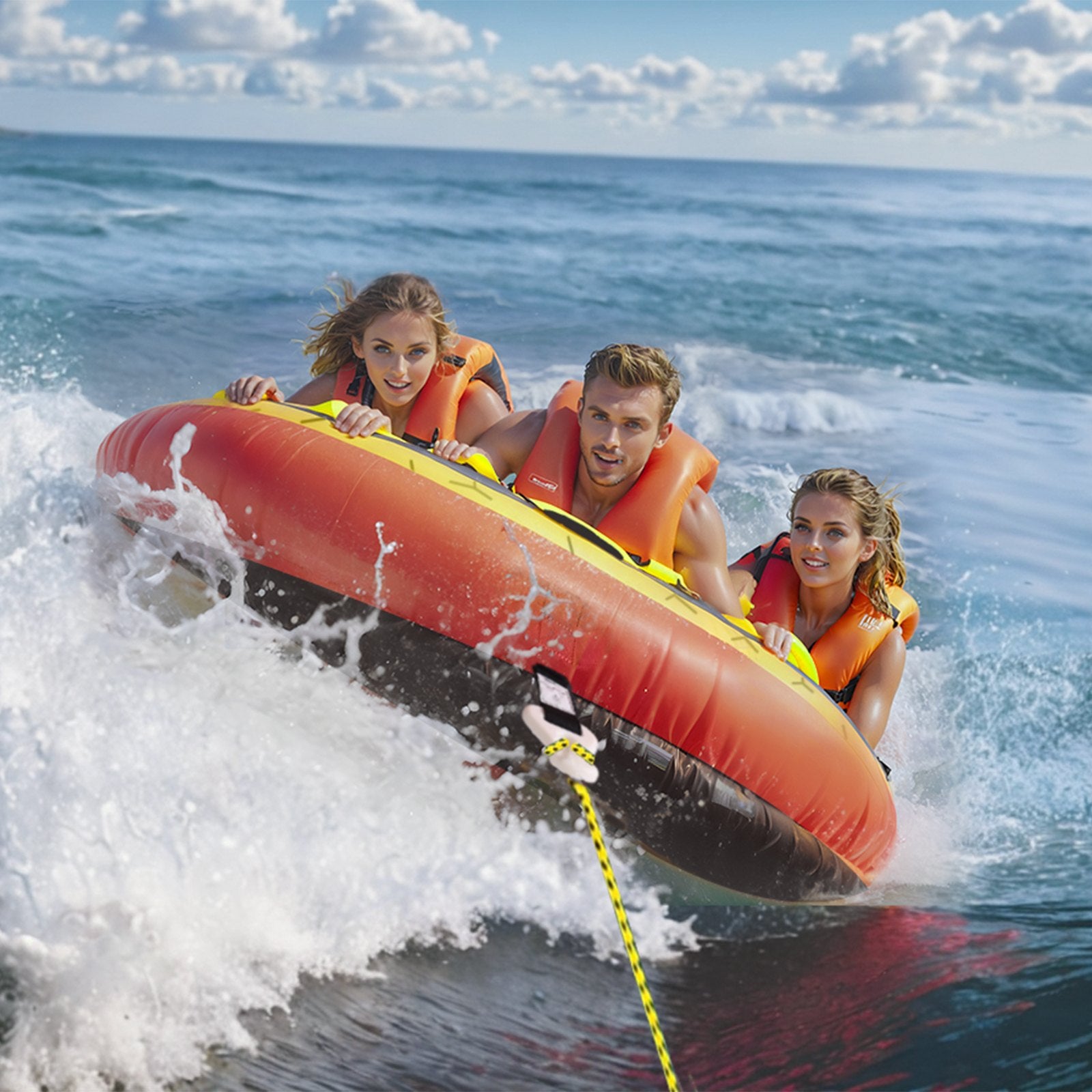Towable Tube for Boating, 1-3 Riders Inflatable Boat Tubes and Towables, 510 lbs, 63" Round Water Sport Towable Tubes for Boats to Pull, Full Nylon Cover, EVA Grab Handles and Speed Safety Valve
