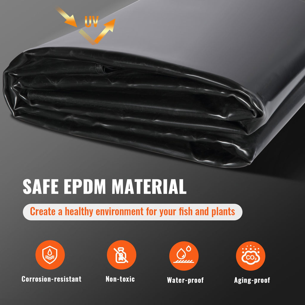 Pond Liner, 6 x 7.6 m 45 Mil Thick, Pliable EPDM Material Pond Skins, Easy Cutting Underlayment for Fish or Koi Pond, Waterfall Base, Water Features, Water Gardens, Fountains, Black