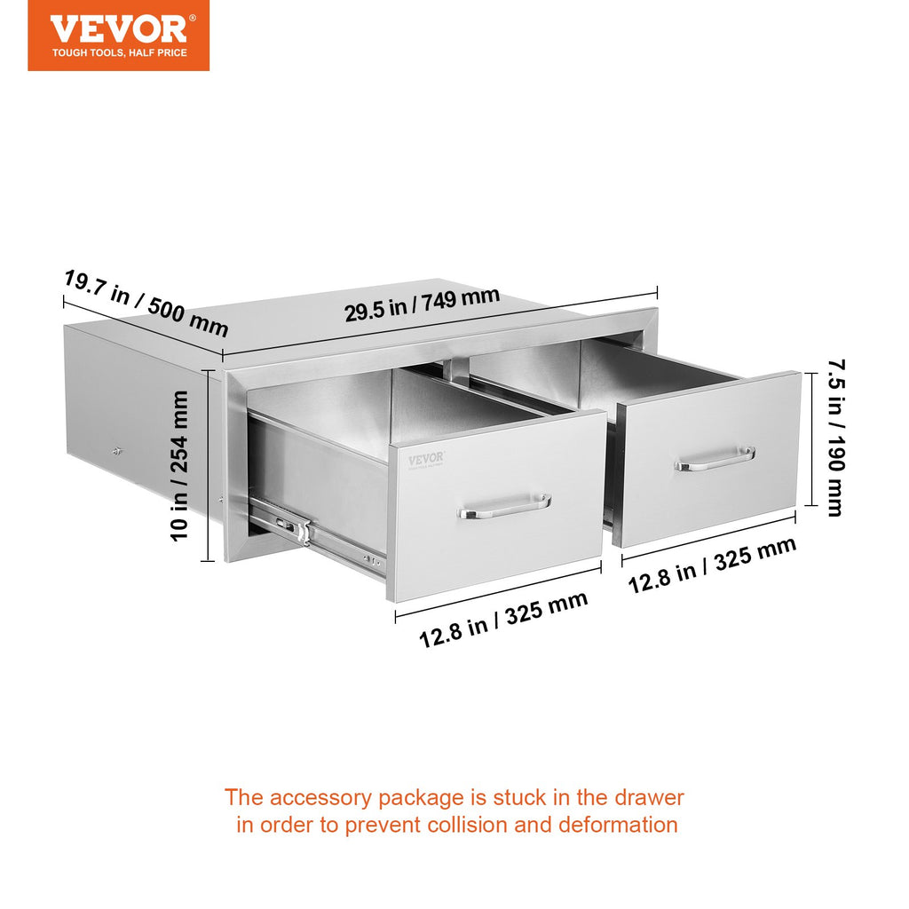 Outdoor Kitchen Drawers 30" W x 10" H x 20" D, Horizontal Double BBQ Access Drawers Stainless Steel with Handle, BBQ Island Drawers for Outdoor Kitchens or Patio Grill Station