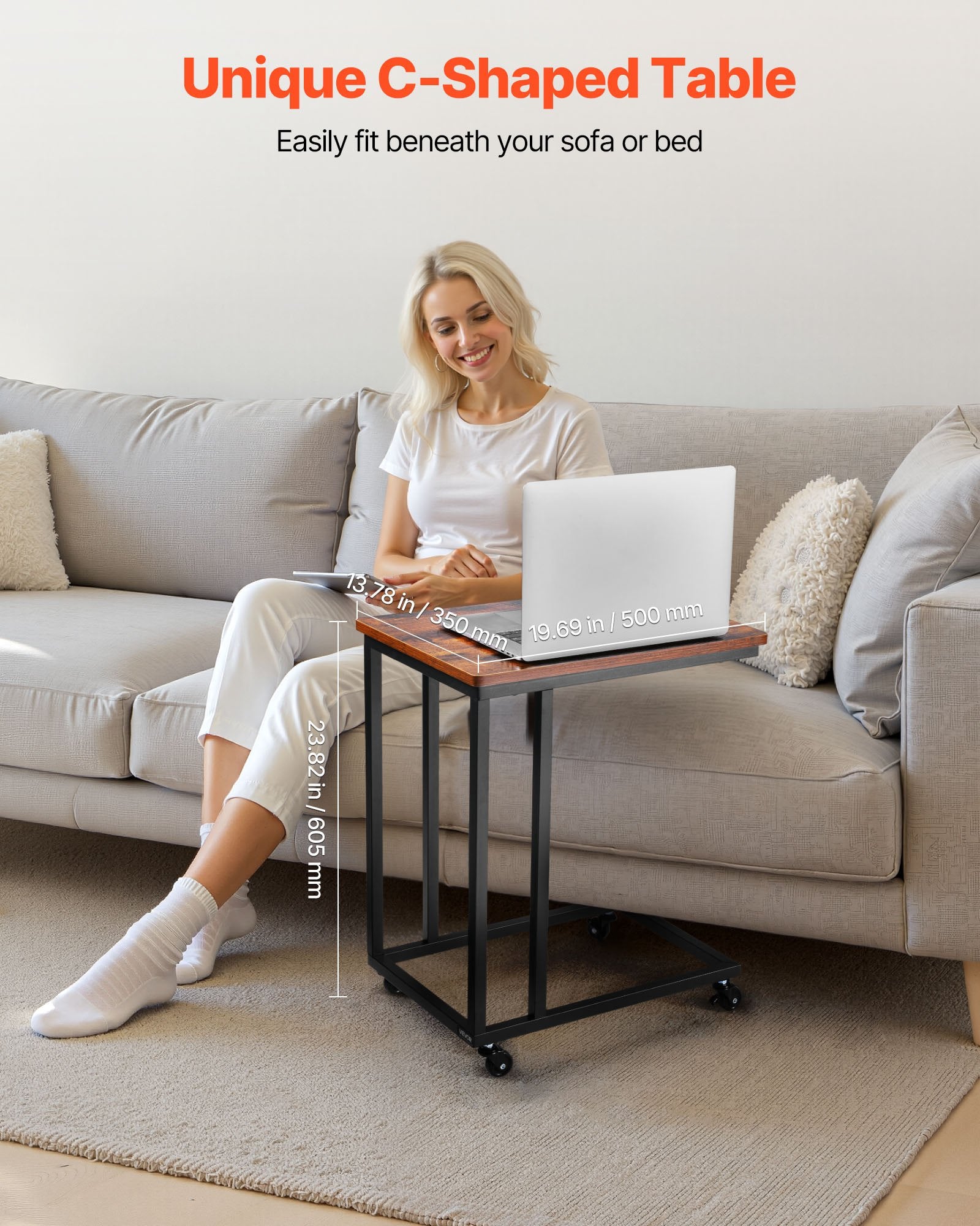 C Table, C Shaped Sofa Side Table with Metal Frame Rolling Casters, Portable C Shaped End Stand for Living Room Bedroom Office, 19.69 x 13.78 x 23.82 inches Laptop Side Tables, Brown and Black