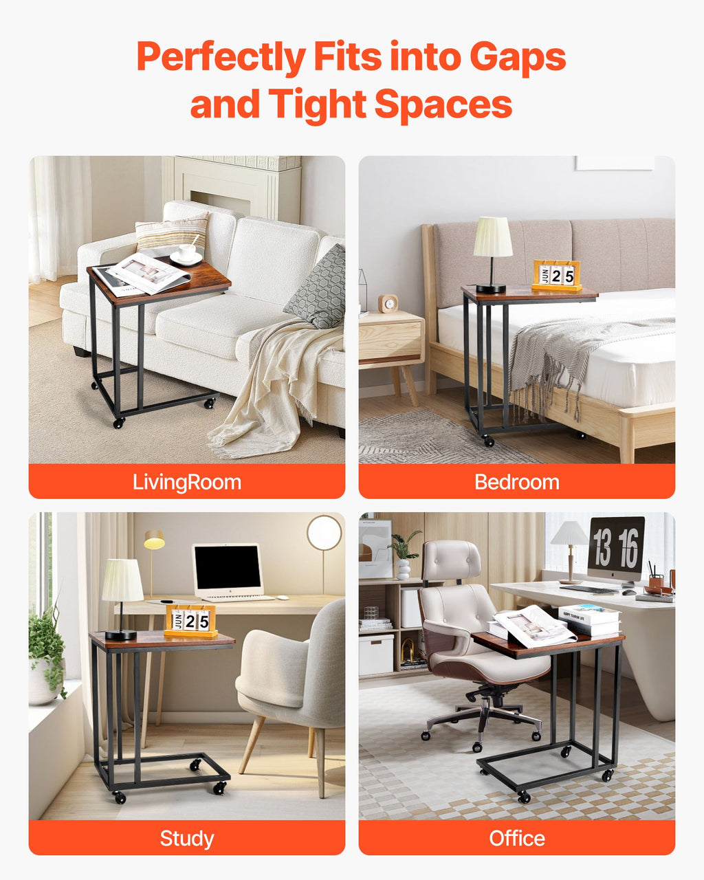 C Table, C Shaped Sofa Side Table with Metal Frame Rolling Casters, Portable C Shaped End Stand for Living Room Bedroom Office, 19.69 x 13.78 x 23.82 inches Laptop Side Tables, Brown and Black