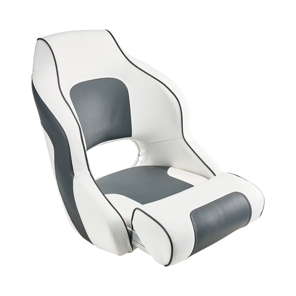 Boat Seat, High Backrest, Flip Up Boat Seat Captain Bucket Seat with Thickened Sponge Cushion & Waterproof PVC Leather, Ergonomic Design, Folding Boat Seat for Boats, Yachts, Ships, White & Grey