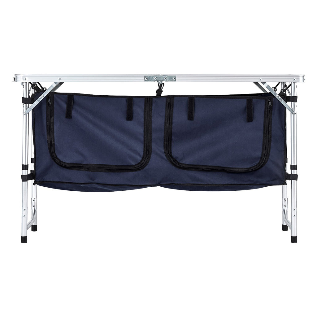 Camping Kitchen Table, Folding Outdoor Cooking Table, 3 Adjustable Height, Aluminum Lightweight Portable Cook Station with Storage Organizer, Carry Handle, for BBQ Party Picnic RV Travel, Blue