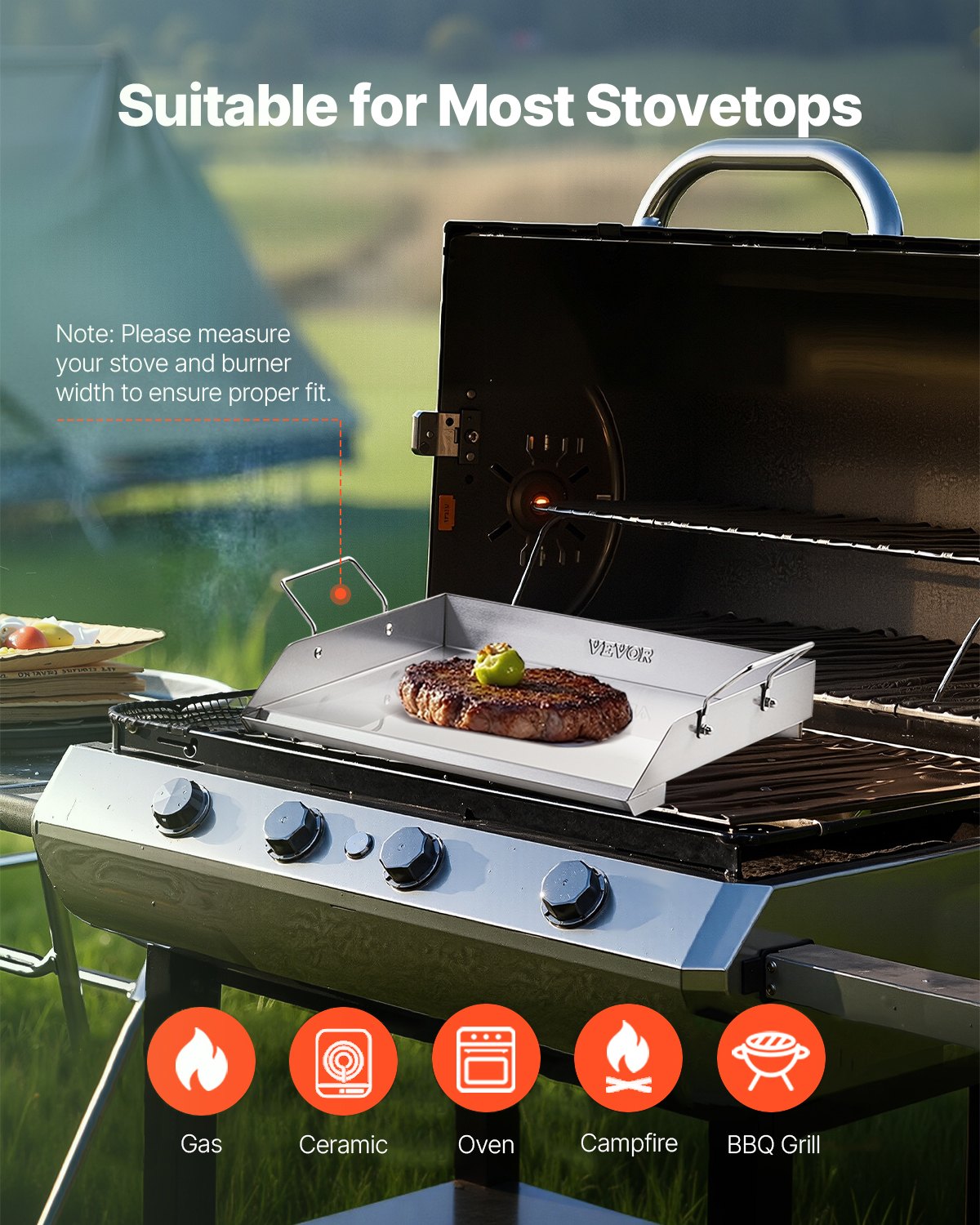 Stainless Steel Griddle, 18x16 inch Universal Flat Top Rectangular Plate, Gas Grill Griddle for BBQ Grill, Teppanyaki, Portable Family Cookware with Handle, for Camping Tailgating Party