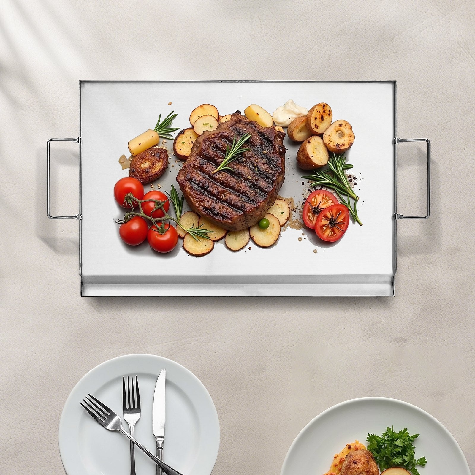 Stainless Steel Griddle, 23x16 inch Universal Flat Top Rectangular Plate, Gas Grill Griddle for BBQ Grill, Teppanyaki, Portable Family Cookware with Handle, for Camping Tailgating Party