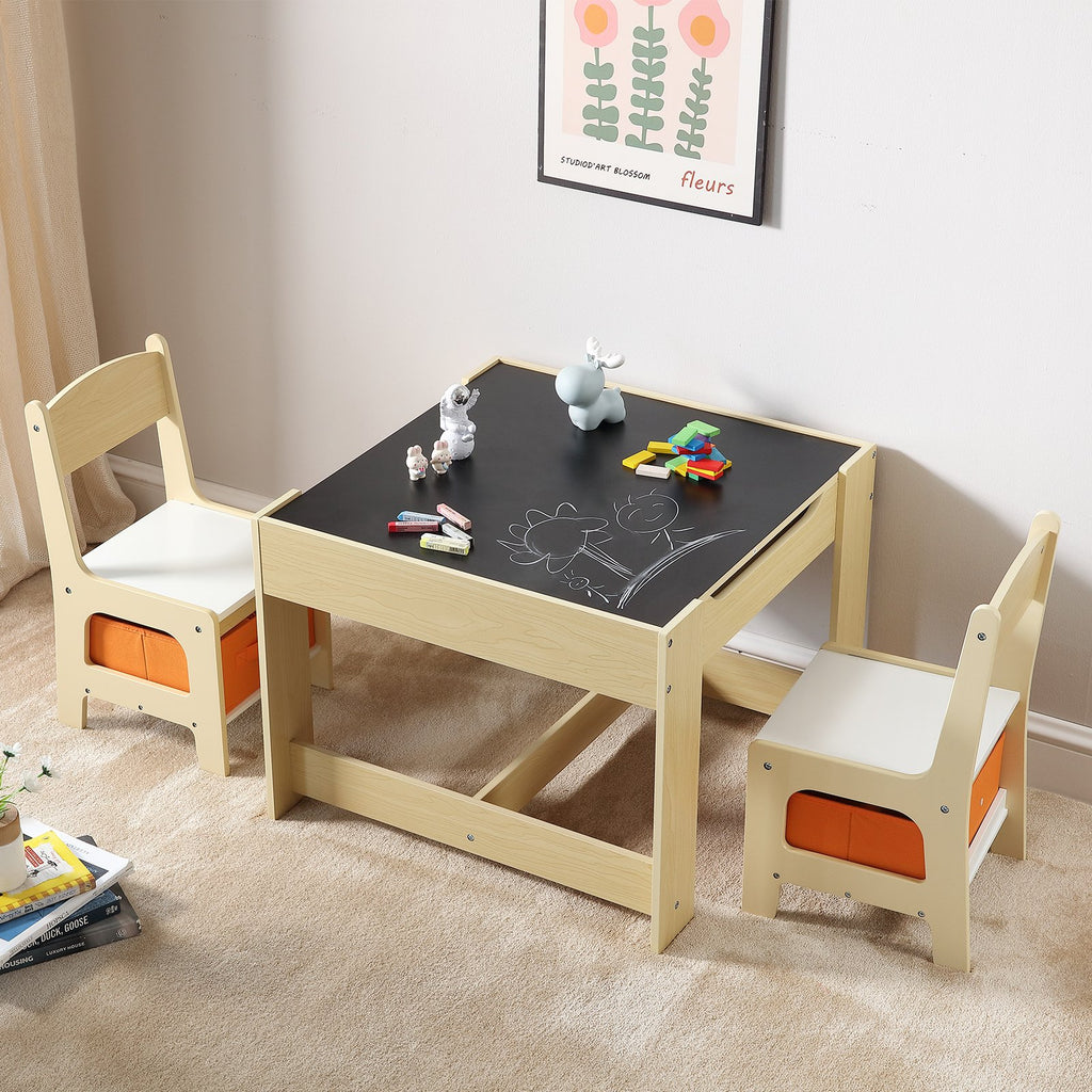 Kids Table and Chair Set Wooden Activity Table with Storage Space & Boxes