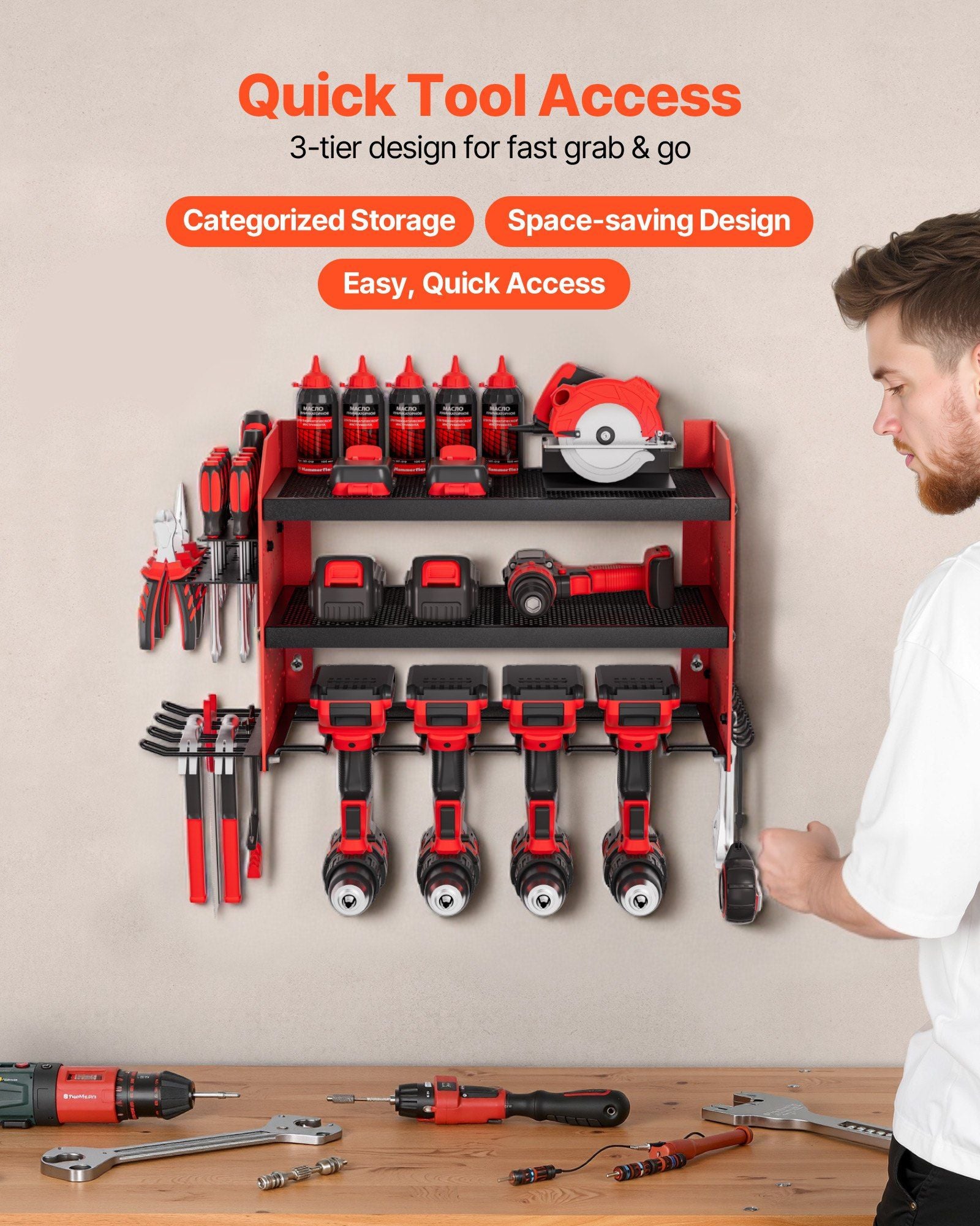 Power Tool Organizer Wall Mount, 3-Layer Storage Rack with 4 Drill Holders, Tools Holder and Storage Rack with Side Pegboards, Garage Tool Organizer for Garage, Workbench, and Workshop
