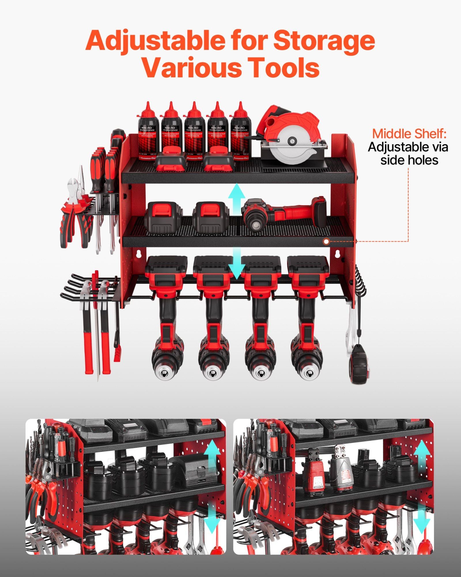 Power Tool Organizer Wall Mount, 3-Layer Storage Rack with 4 Drill Holders, Tools Holder and Storage Rack with Side Pegboards, Garage Tool Organizer for Garage, Workbench, and Workshop