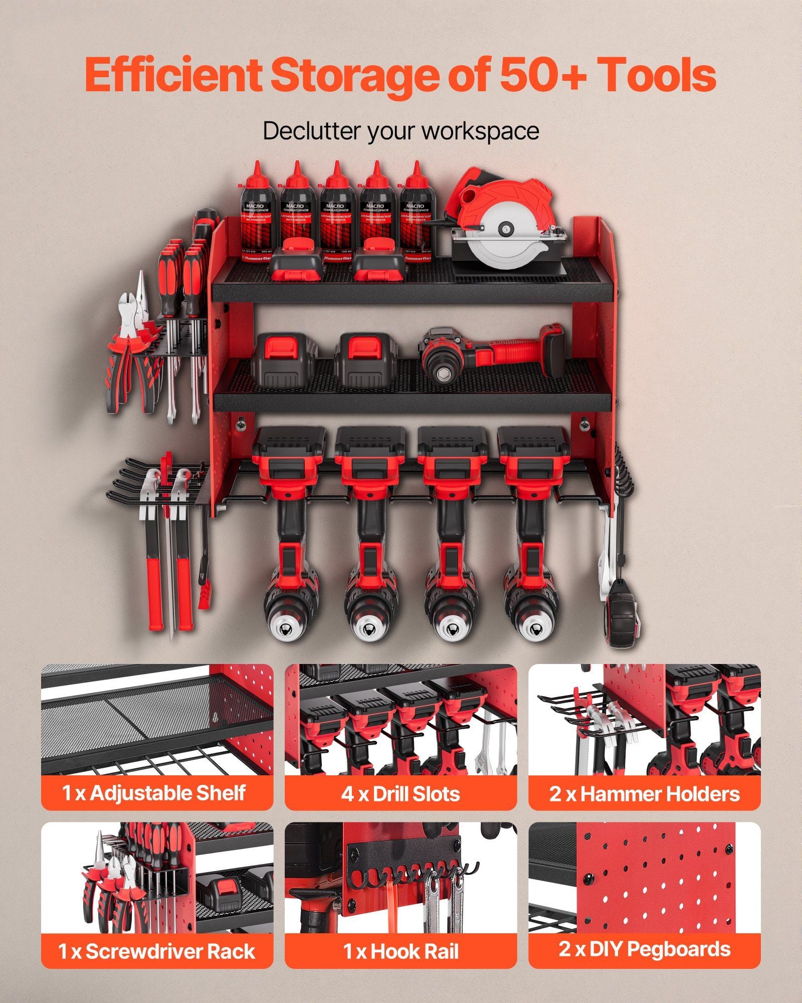 Power Tool Organizer Wall Mount, 3-Layer Storage Rack with 4 Drill Holders, Tools Holder and Storage Rack with Side Pegboards, Garage Tool Organizer for Garage, Workbench, and Workshop