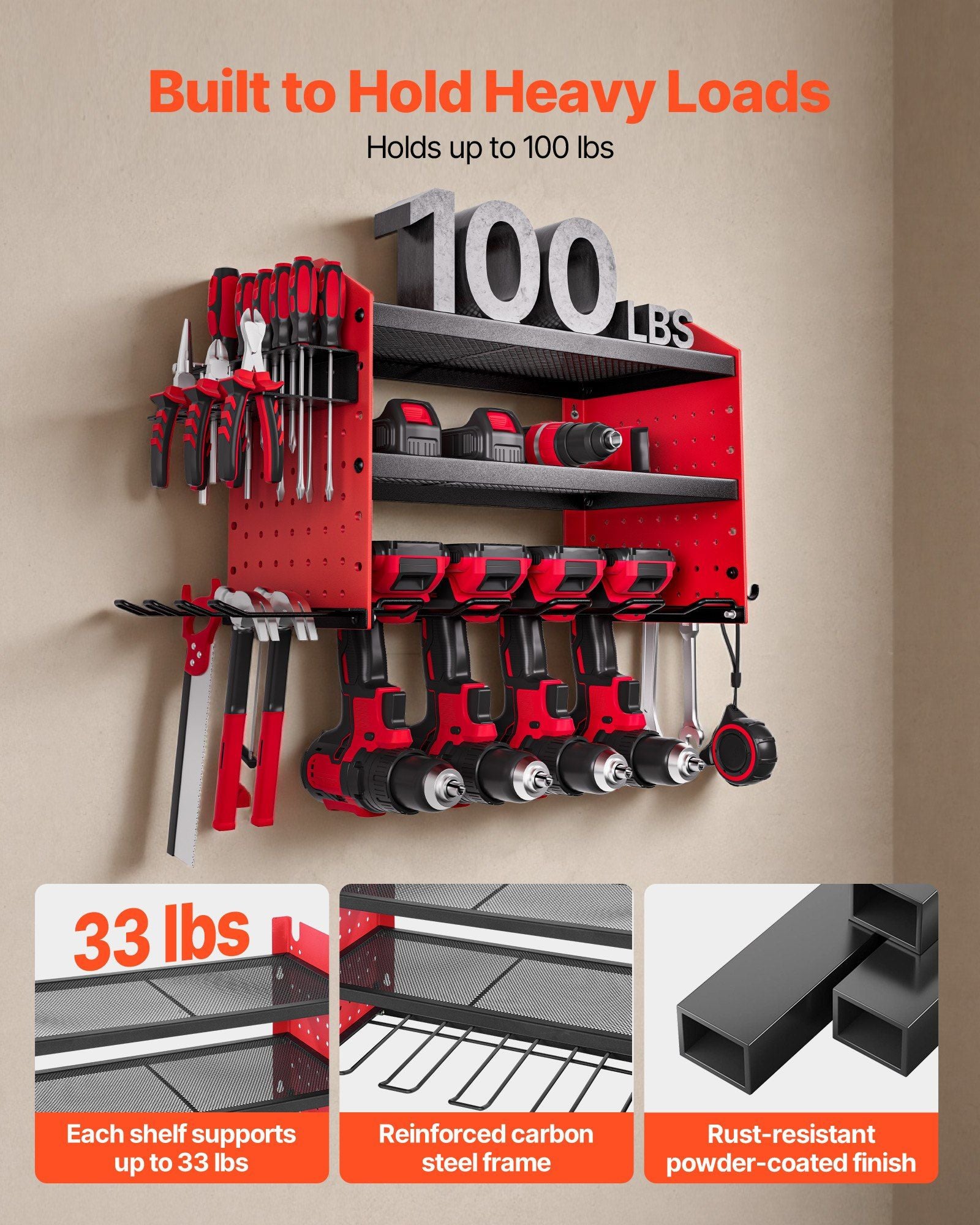 Power Tool Organizer Wall Mount, 3-Layer Storage Rack with 4 Drill Holders, Tools Holder and Storage Rack with Side Pegboards, Garage Tool Organizer for Garage, Workbench, and Workshop