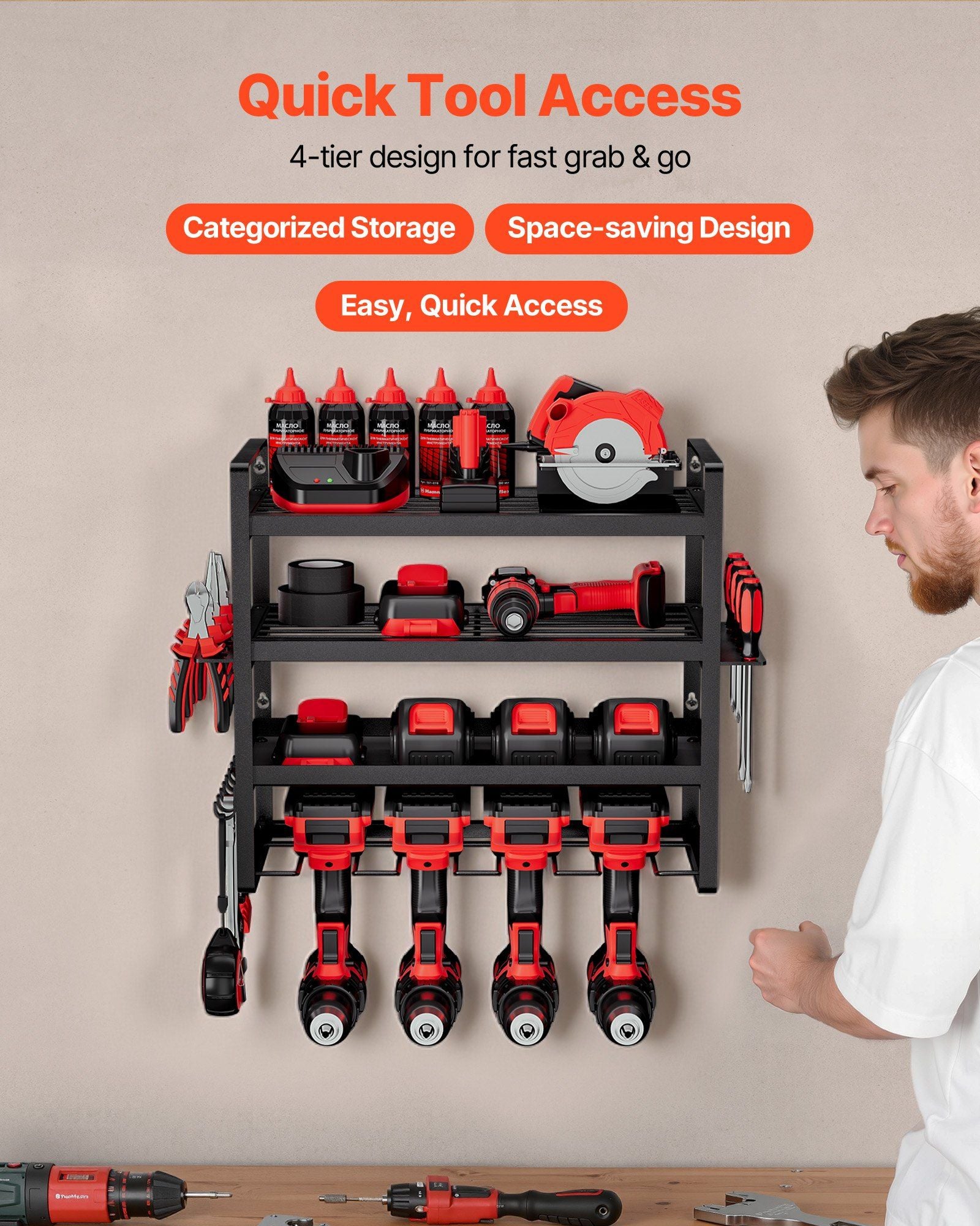 Power Tool Organizer Wall Mount, 4-Layer Storage Rack with 4 Drill Holders, Tools Holder and Storage Rack with Screwdriver Holder, Garage Tool Organizer for Garage, Workbench, and Workshop