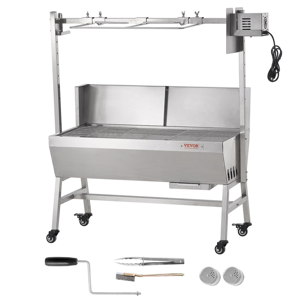 Rotisserie Grill with Windscreen, BBQ Whole Pig Lamb Goat Charcoal Spit Grill, 35 Inch 90 Lbs Capacity, Electric 42W Motor Stainless Steel Roaster with Lockable Wheels, for Camping Outdoor