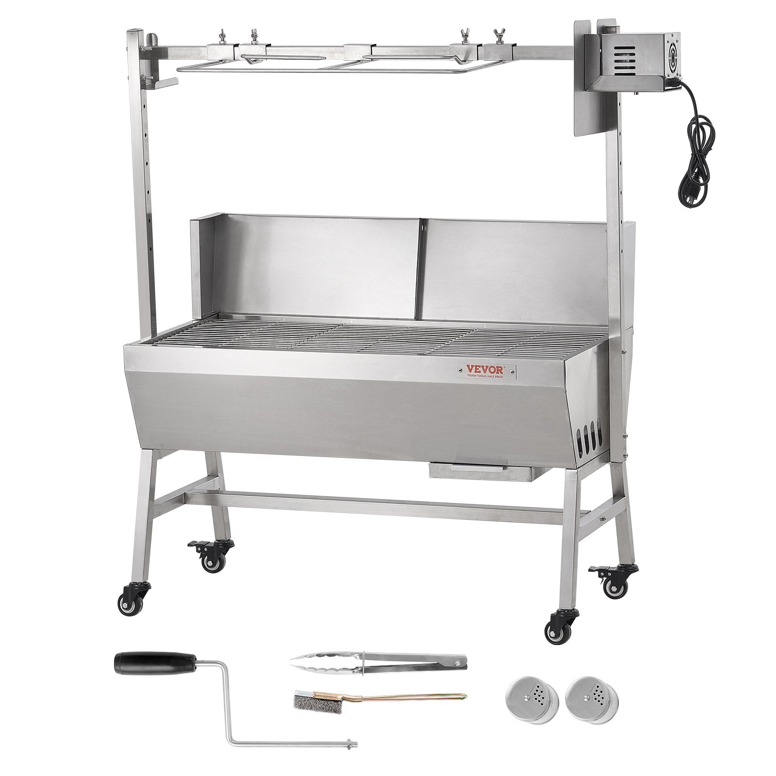 Rotisserie Grill with Windscreen, BBQ Whole Pig Lamb Goat Charcoal Spit Grill, 35 Inch 90 Lbs Capacity, Electric 42W Motor Stainless Steel Roaster with Lockable Wheels, for Camping Outdoor