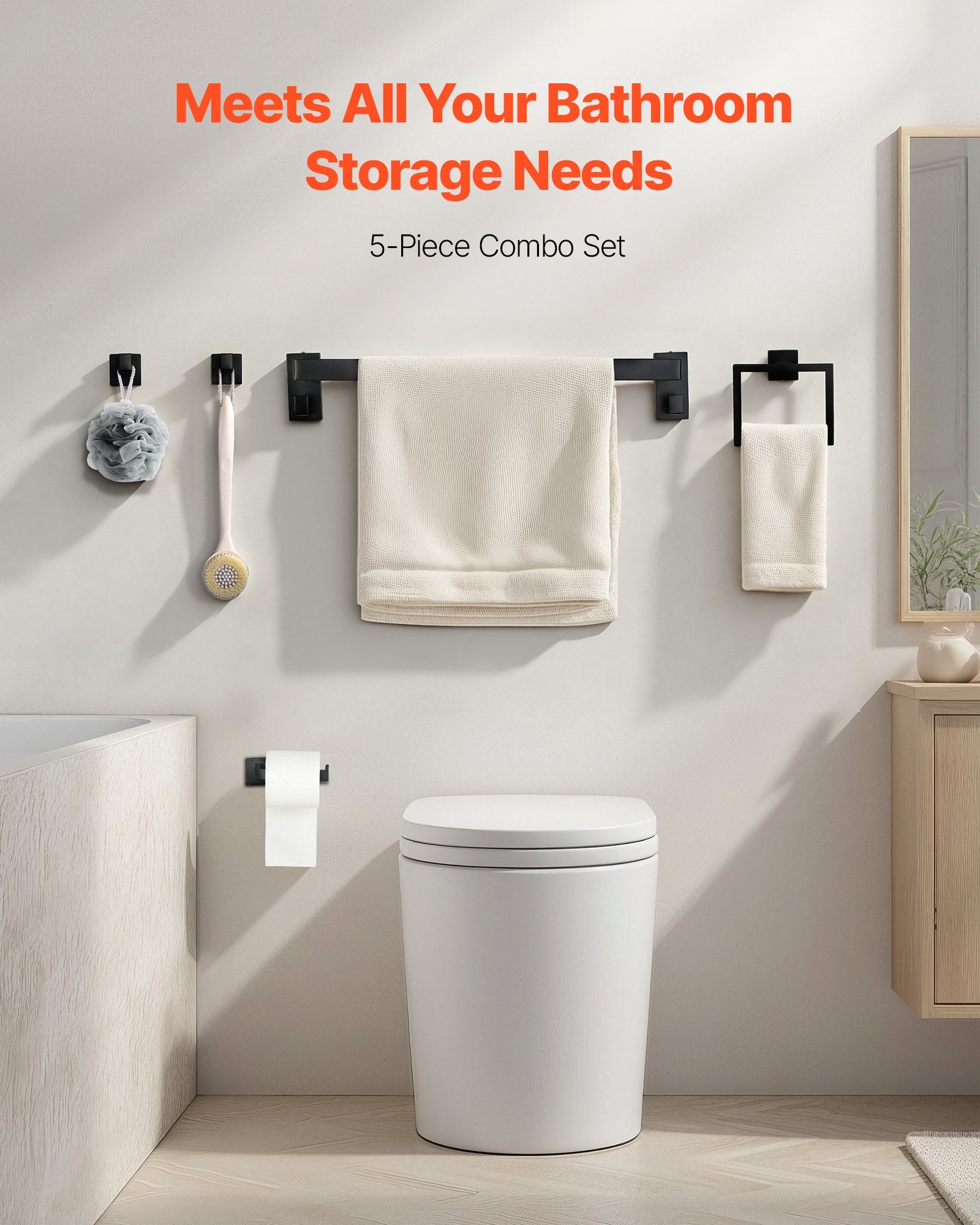Matte Black Bathroom Hardware Set, 5 Pieces Stainless Steel Bathroom Accessories Set, 24-inch Towel Bar, Towel Rack, 2 Robe Towel Hooks, Toilet Paper Holder, for Bath Room, Wall Mounted