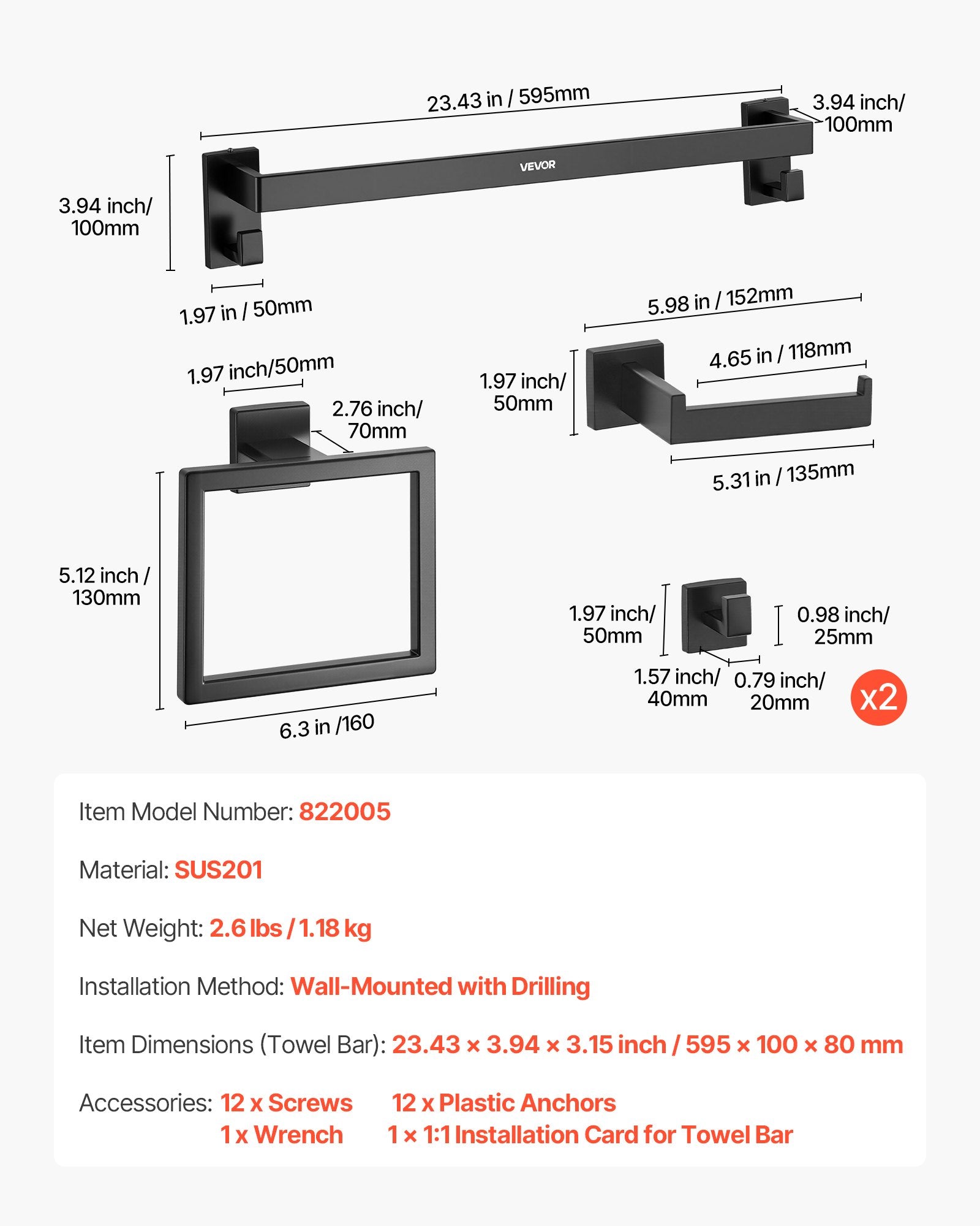 Matte Black Bathroom Hardware Set, 5 Pieces Stainless Steel Bathroom Accessories Set, 24-inch Towel Bar, Towel Rack, 2 Robe Towel Hooks, Toilet Paper Holder, for Bath Room, Wall Mounted
