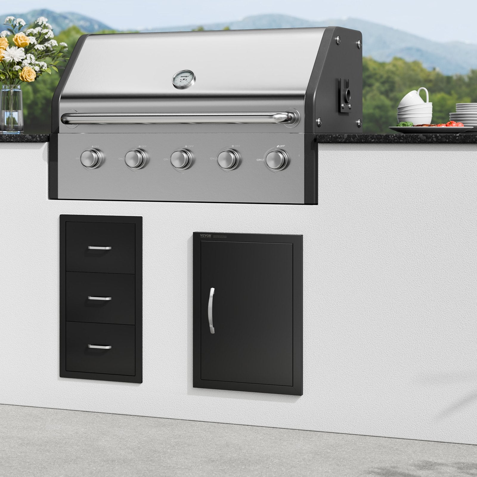 BBQ Access Door, 415x570 mm Single Outdoor Kitchen Door, Cold Plate Flush Mount Door, Wall Vertical Door with Handle, for BBQ Island, Grilling Station, Outside Cabinet
