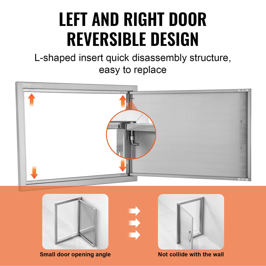 BBQ Access Door, 610x432 mm Single Outdoor Kitchen Door, Stainless Steel Flush Mount Door, Wall Vertical Door with Handle, for BBQ Island, Grilling Station, Outside Cabinet