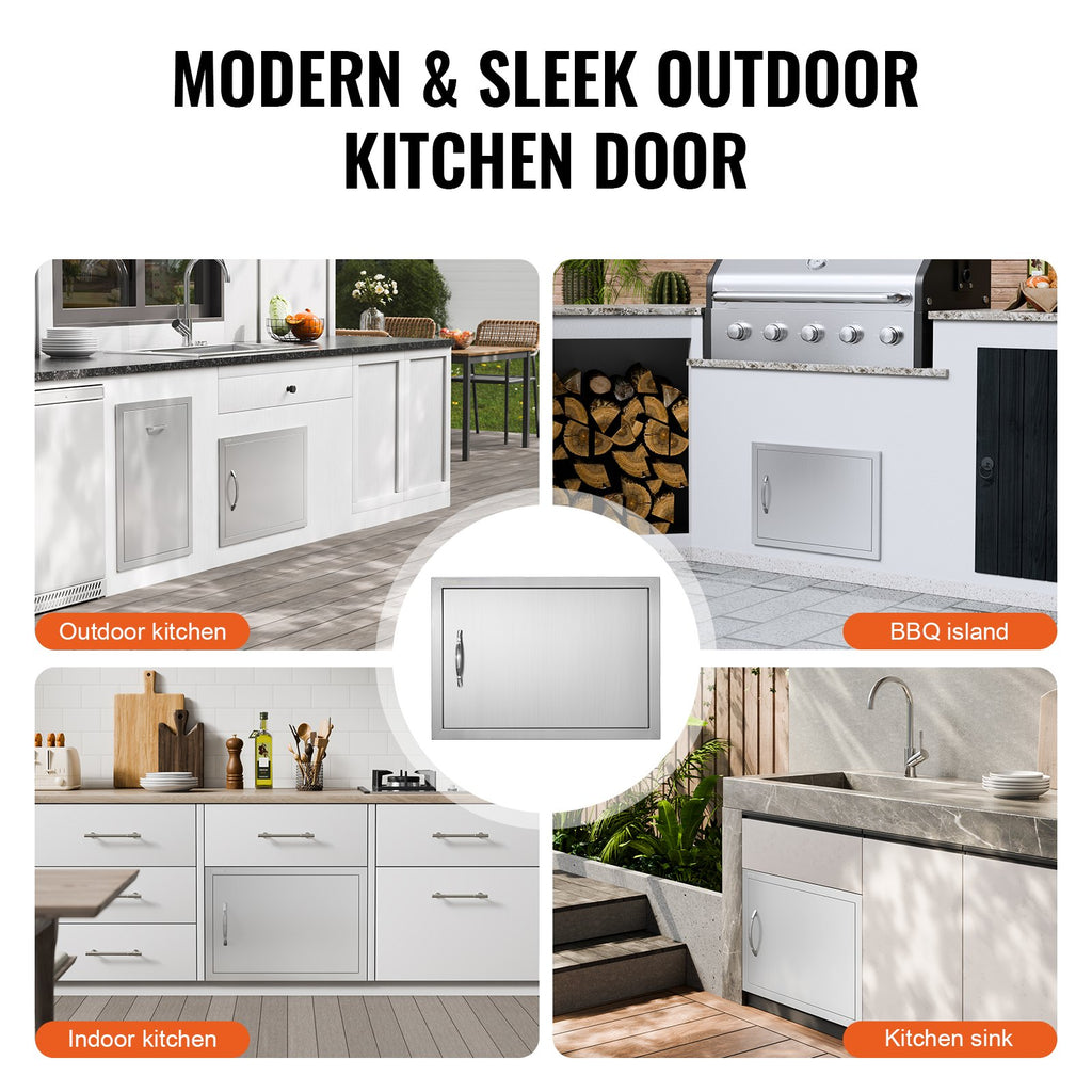 BBQ Access Door, 610x432 mm Single Outdoor Kitchen Door, Stainless Steel Flush Mount Door, Wall Vertical Door with Handle, for BBQ Island, Grilling Station, Outside Cabinet