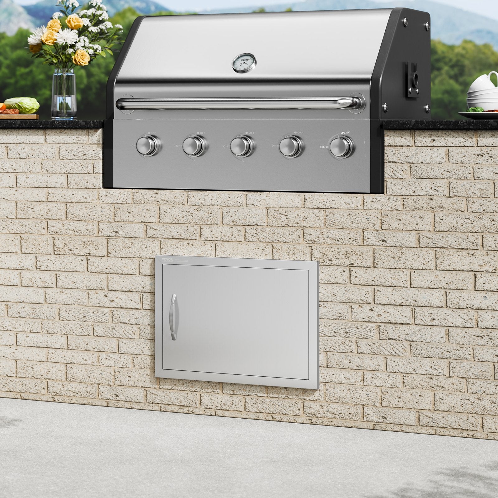 BBQ Access Door, 610x432 mm Single Outdoor Kitchen Door, Stainless Steel Flush Mount Door, Wall Vertical Door with Handle, for BBQ Island, Grilling Station, Outside Cabinet