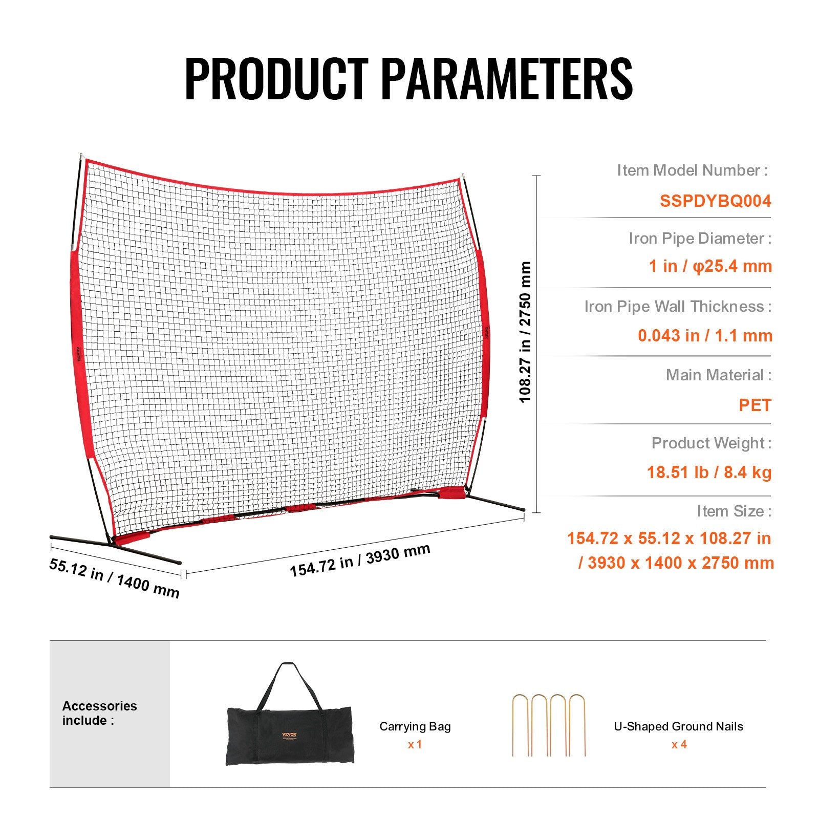 Barricade Backstop Net, 12x9 ft Ball Sports Barrier Netting, Portable Practice Equipment with Carry Bag, Protection Screen for Baseball Softball Lacrosse Soccer Hockey Training, for Backyard