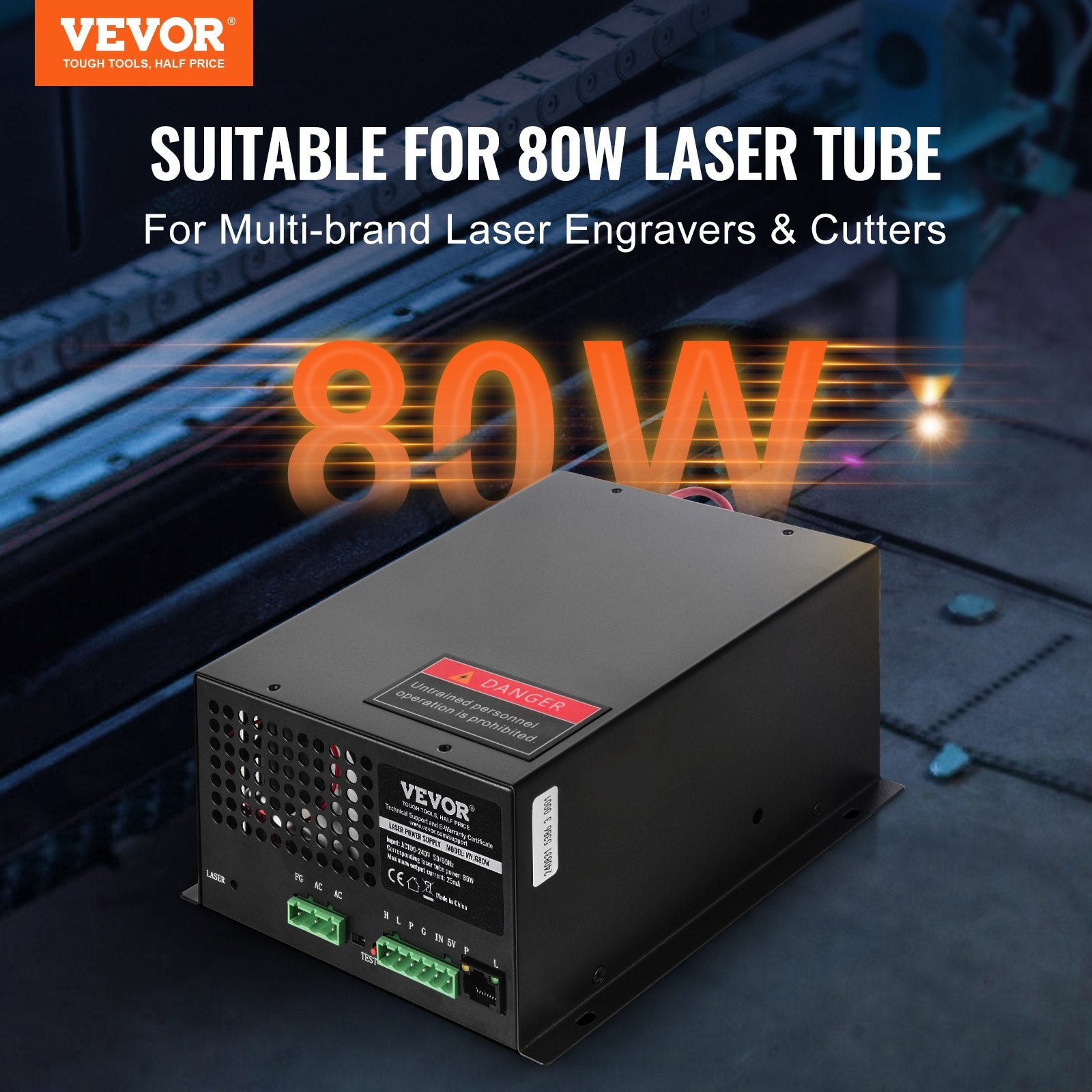 CO2 Laser Power Supply, 80W, Power Supply for 80W Laser Tube, Constant Current Protection, Open Circuit Protection, Fast Heat Dissipation, Compatible for Multi-brand Laser Engravers & Cutters